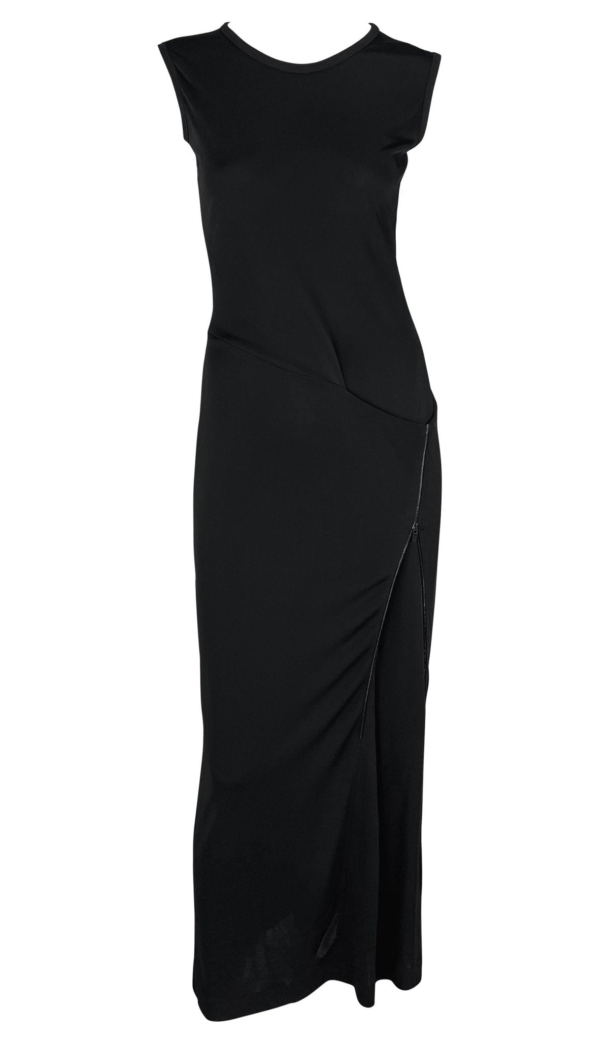S/S 1999 Calvin Klein Runway Asymmetric Zip Bodycon Sleeveless Black Gown - RealList