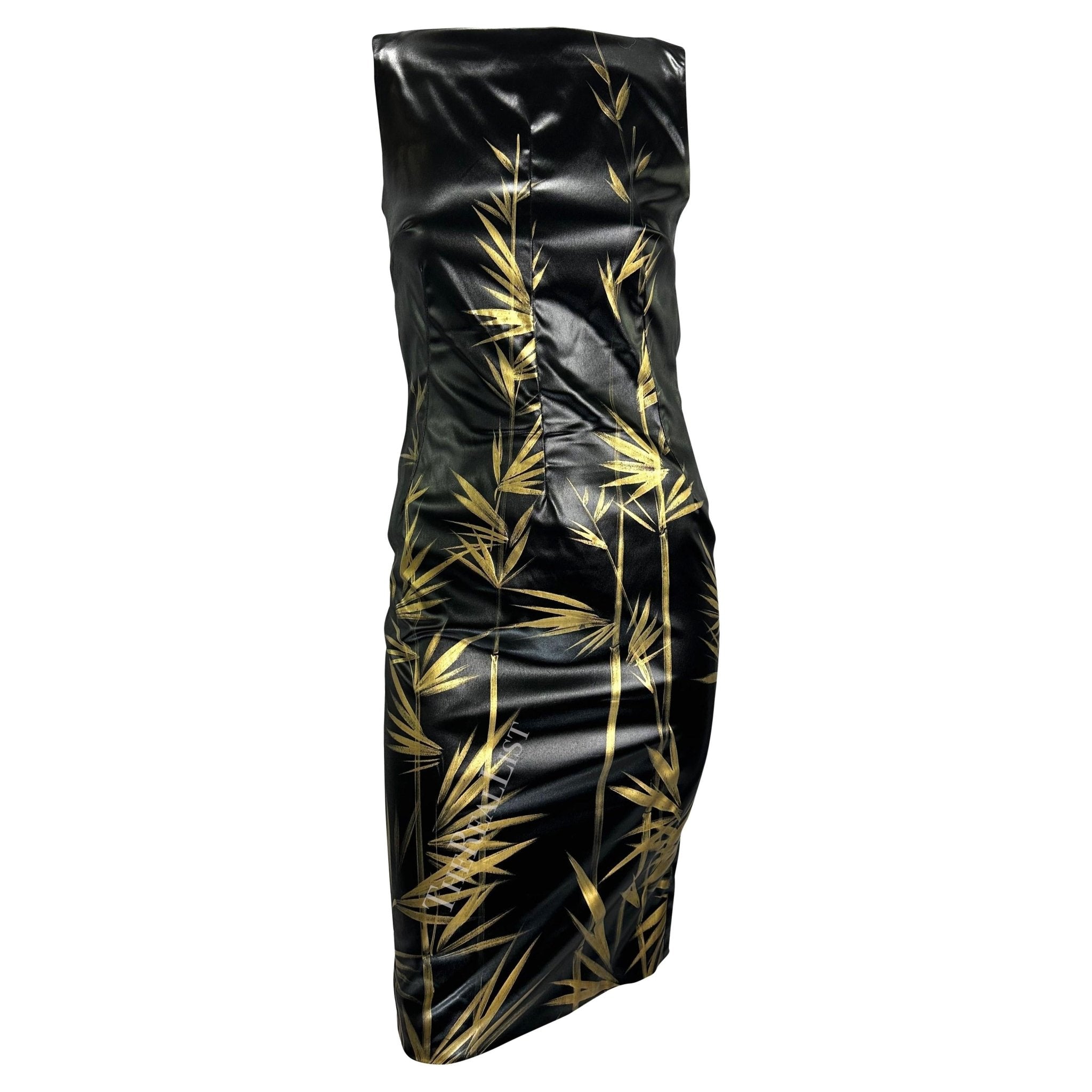S/S 1999 Dolce & Gabbana Black 'Wet Look' Hand - Painted Gold Bamboo Bodycon Dress - RealList