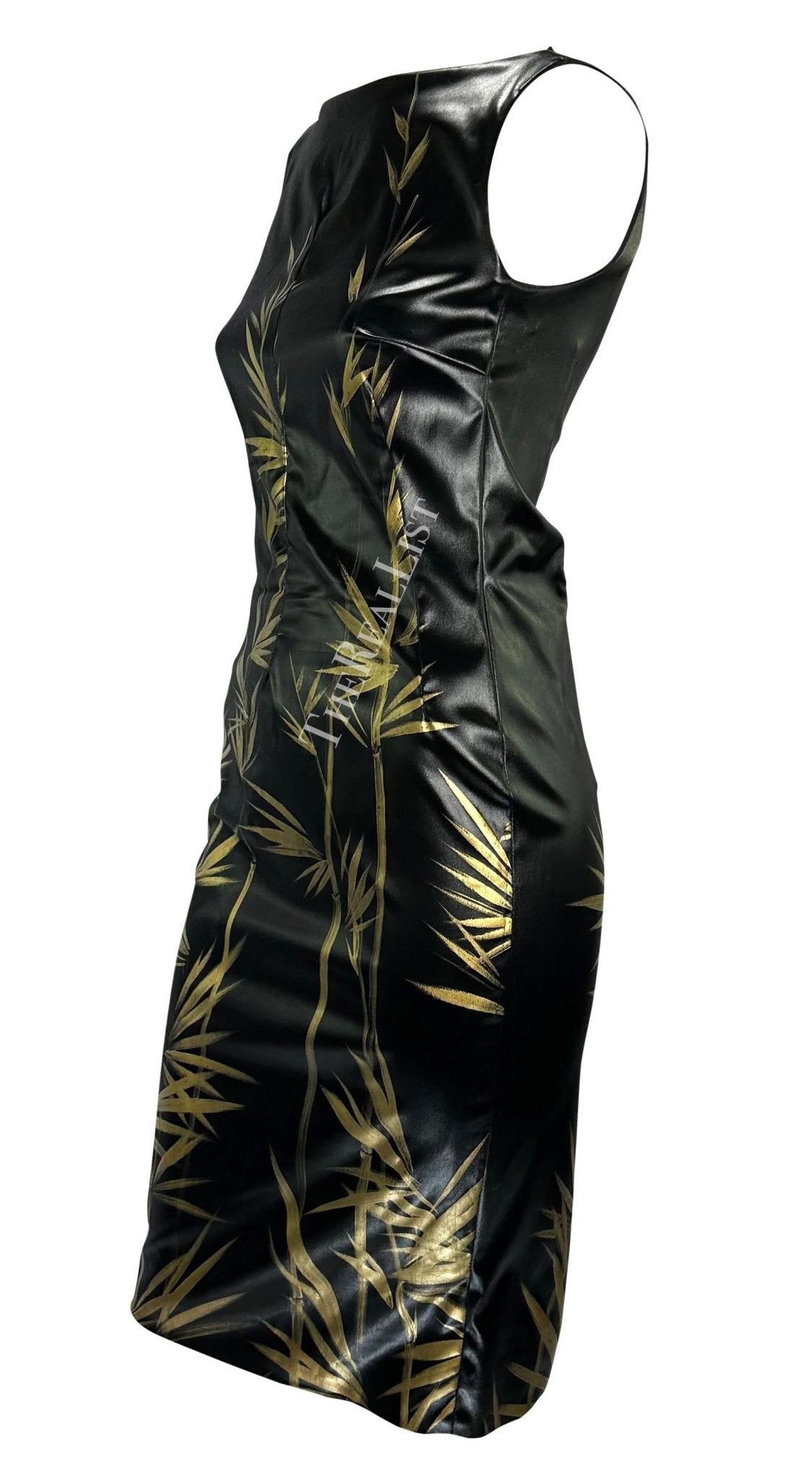 S/S 1999 Dolce & Gabbana Black 'Wet Look' Hand - Painted Gold Bamboo Bodycon Dress - RealList
