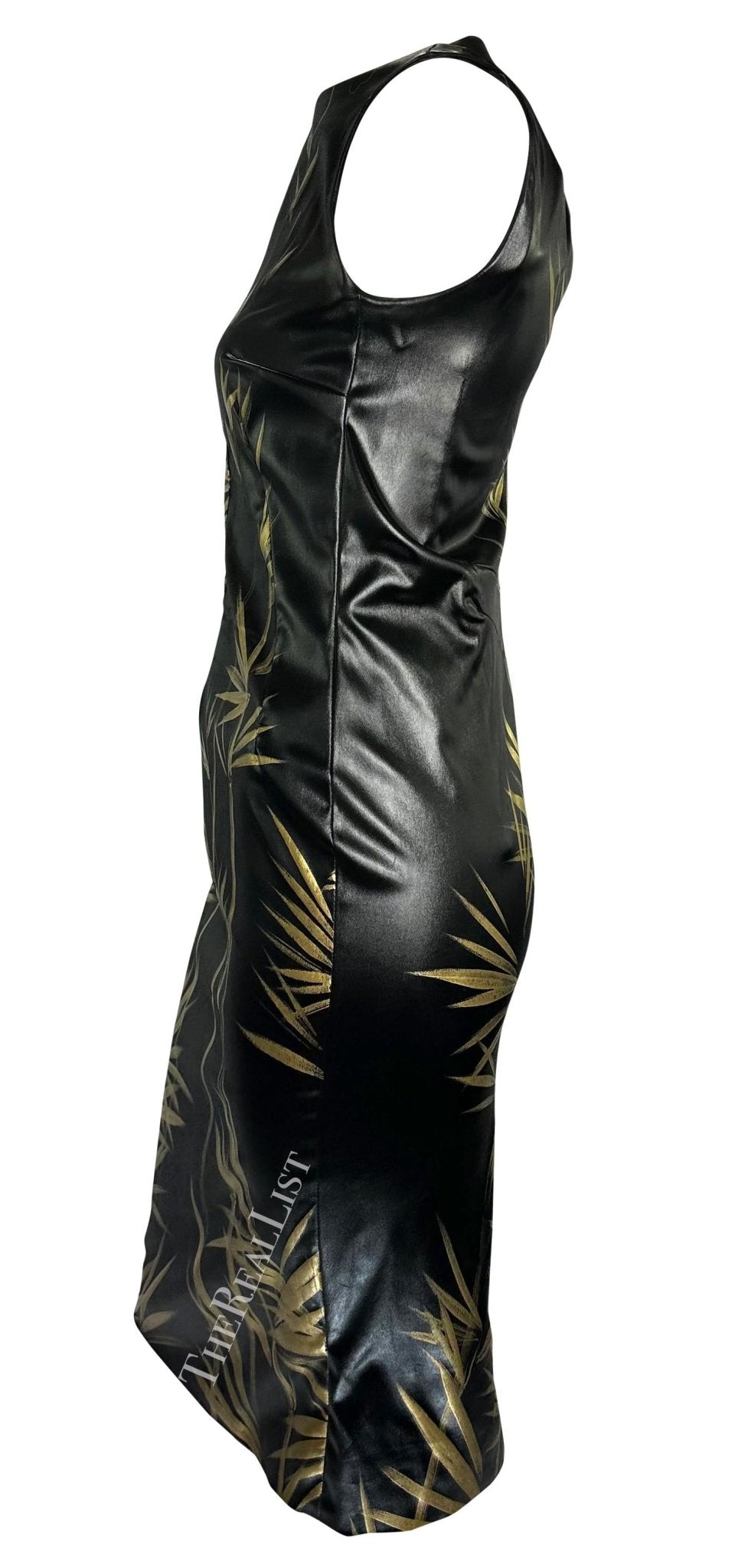 S/S 1999 Dolce & Gabbana Black 'Wet Look' Hand - Painted Gold Bamboo Bodycon Dress - RealList