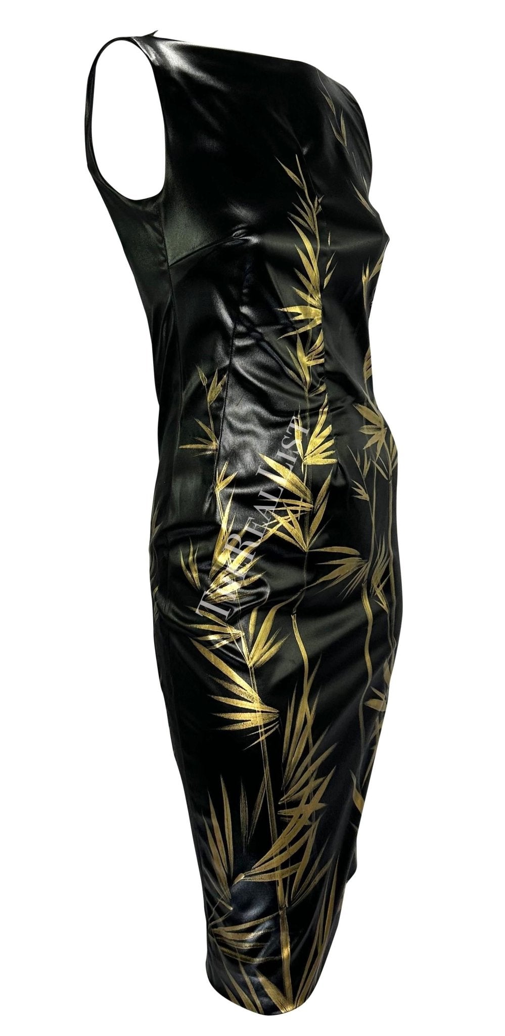 S/S 1999 Dolce & Gabbana Black 'Wet Look' Hand - Painted Gold Bamboo Bodycon Dress - RealList