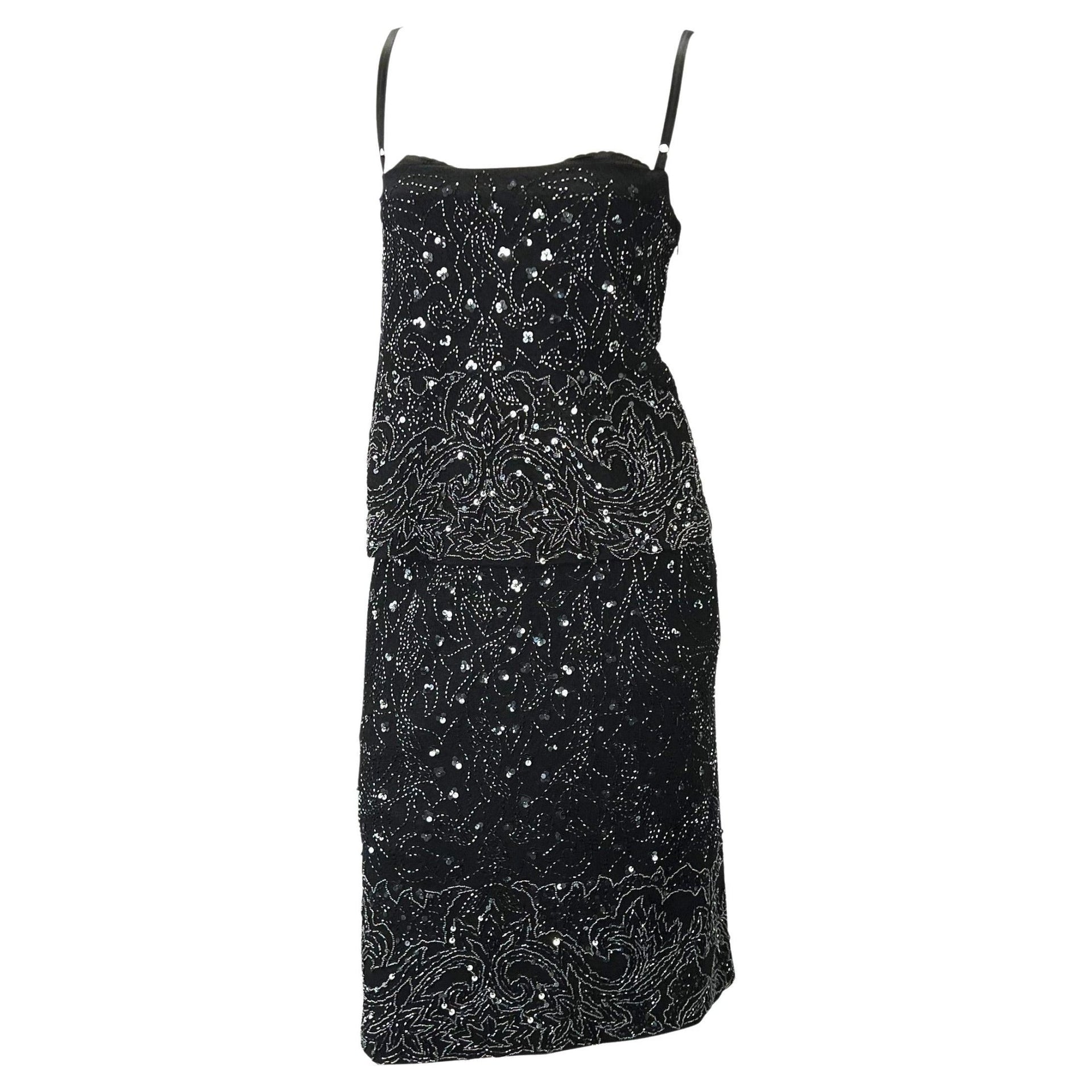 S/S 1999 Dolce & Gabbana Black Wool Beaded Bustier Skirt Set - RealList