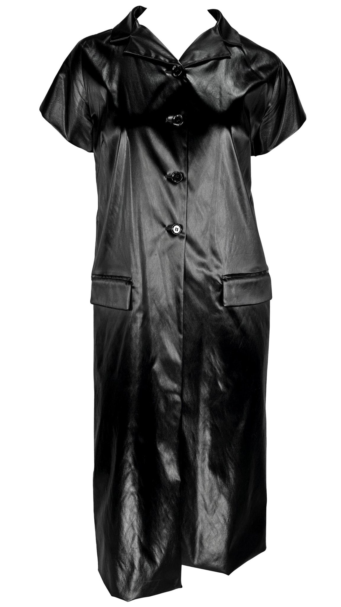 S/S 1999 Dolce & Gabbana Runway Wet Look Stretch Black Coat Dress Short Sleeve - RealList