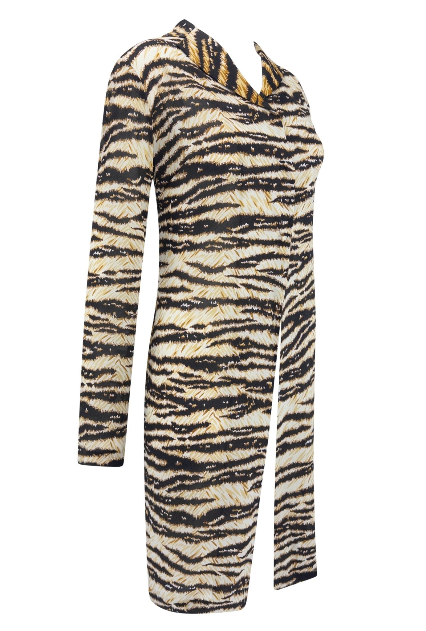 S/S 1999 Dolce & Gabbana Tiger Print Stretch Silk Sheer Button Up Dress Top - RealList