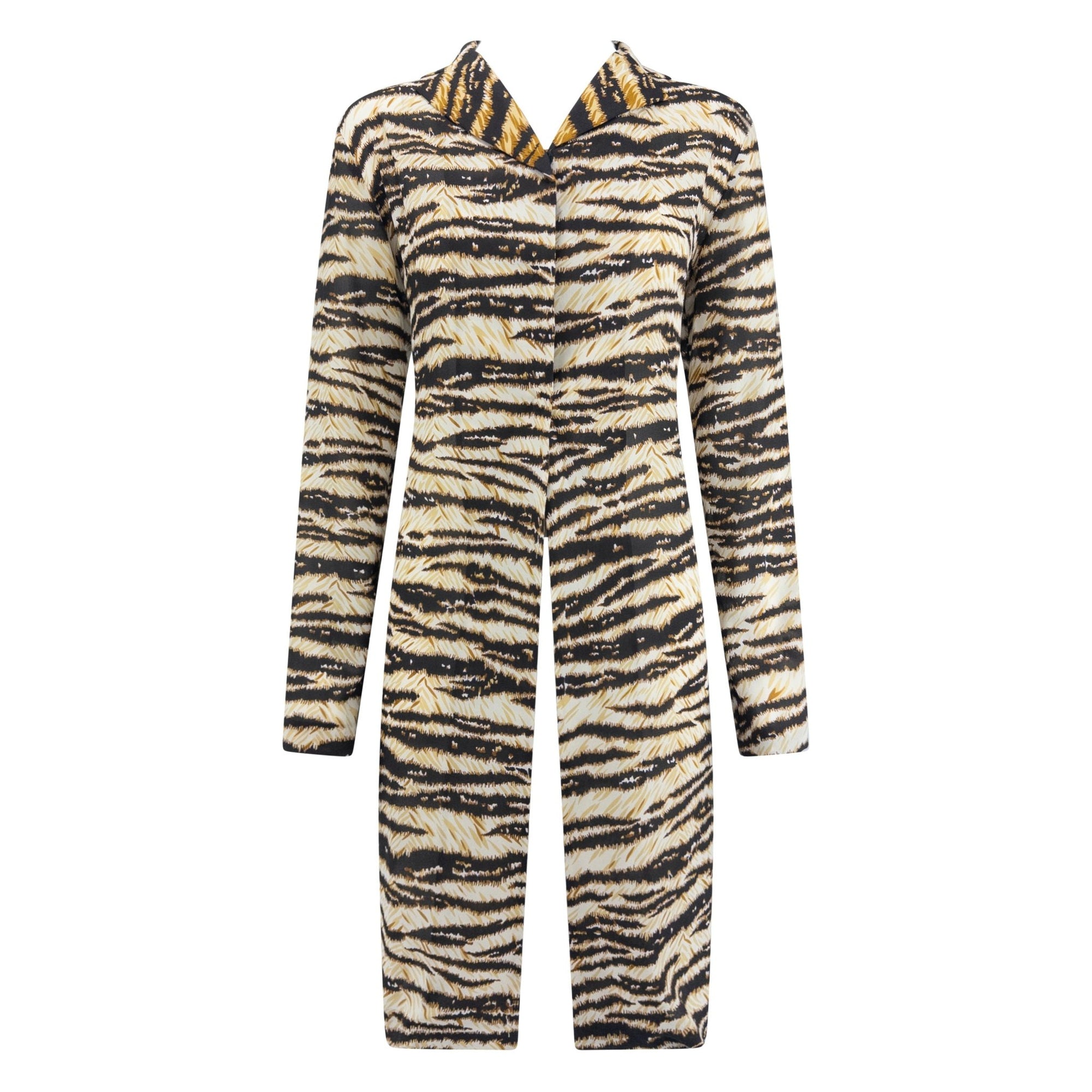 S/S 1999 Dolce & Gabbana Tiger Print Stretch Silk Sheer Button Up Dress Top - RealList