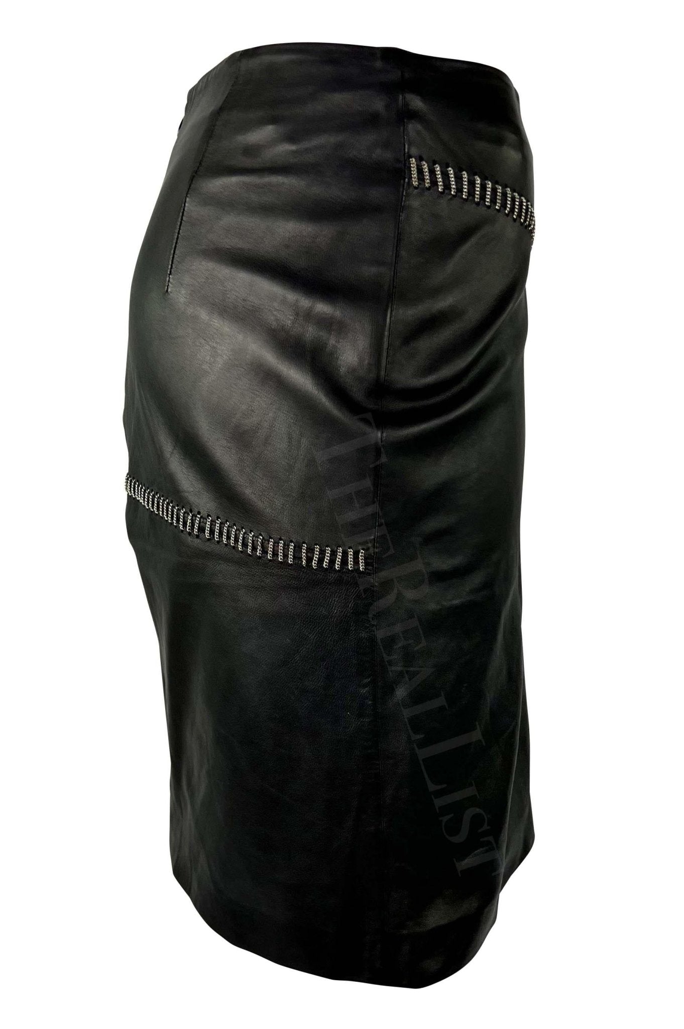 S/S 1999 Gianni Versace by Donatella Black Leather Silver Chain Mini Skirt - RealList