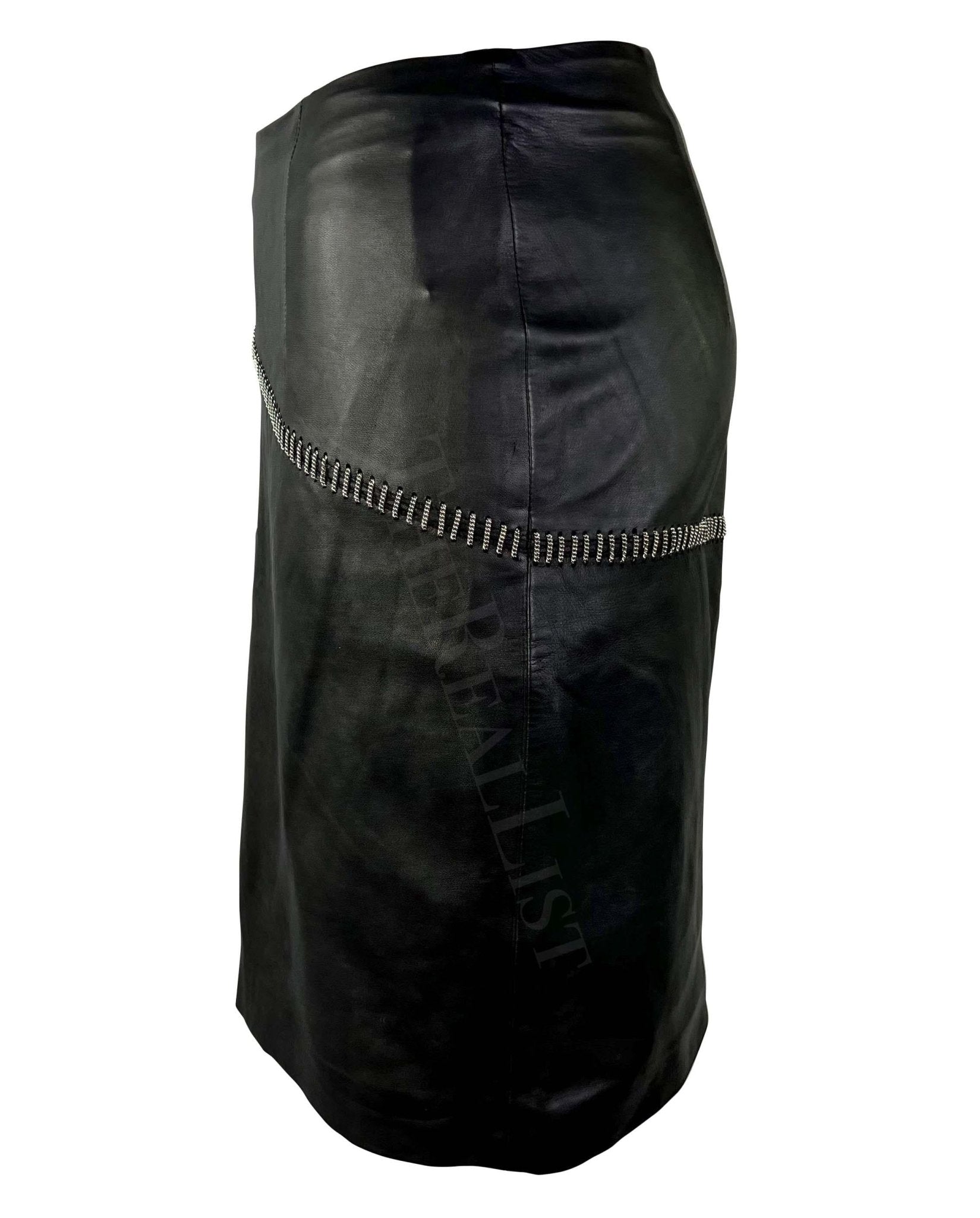 S/S 1999 Gianni Versace by Donatella Black Leather Silver Chain Mini Skirt - RealList
