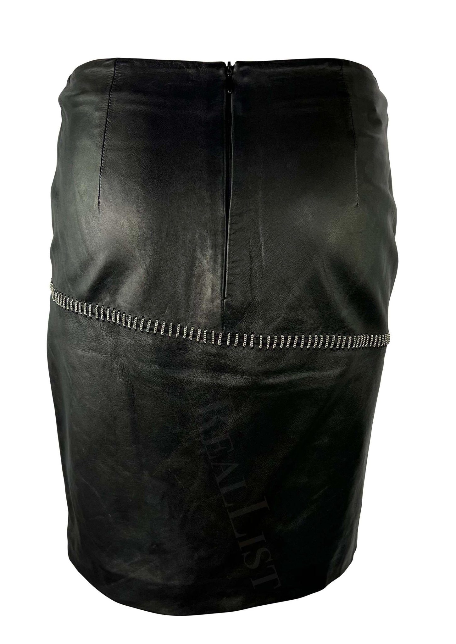 S/S 1999 Gianni Versace by Donatella Black Leather Silver Chain Mini Skirt - RealList