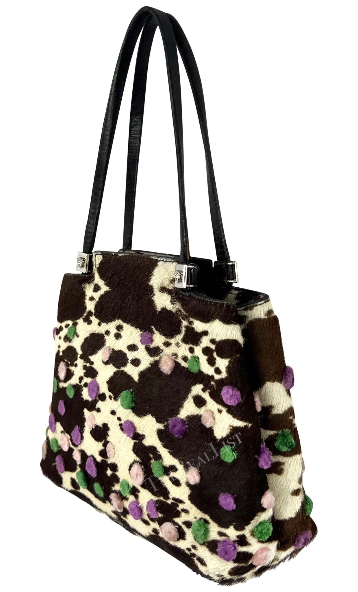 S/S 1999 Gianni Versace by Donatella Brown Cow Pony Hair Pom Pom Mini Bag - RealList