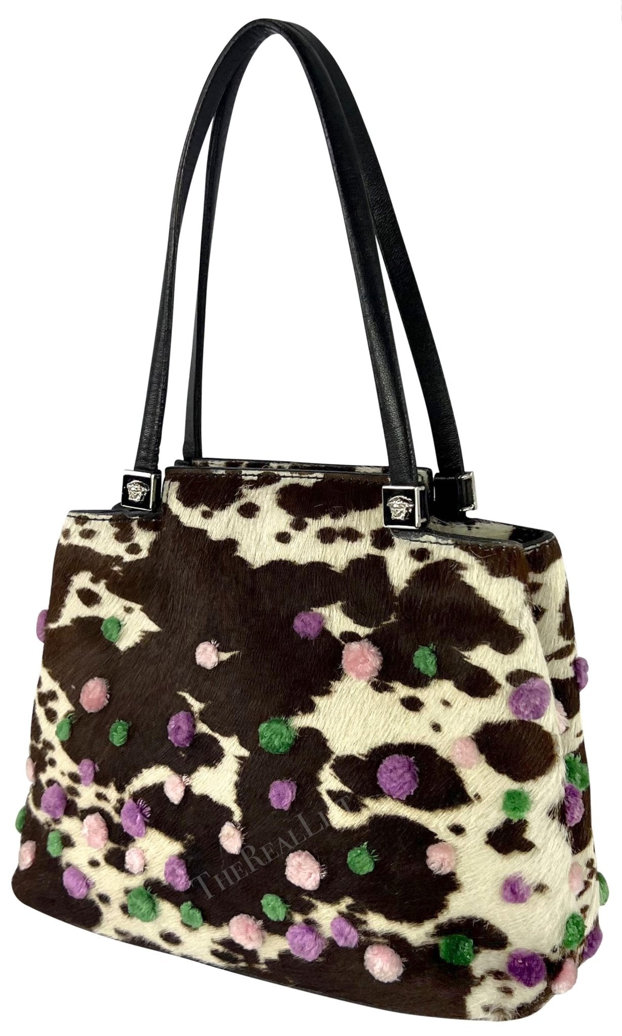 S/S 1999 Gianni Versace by Donatella Brown Cow Pony Hair Pom Pom Mini Bag - RealList