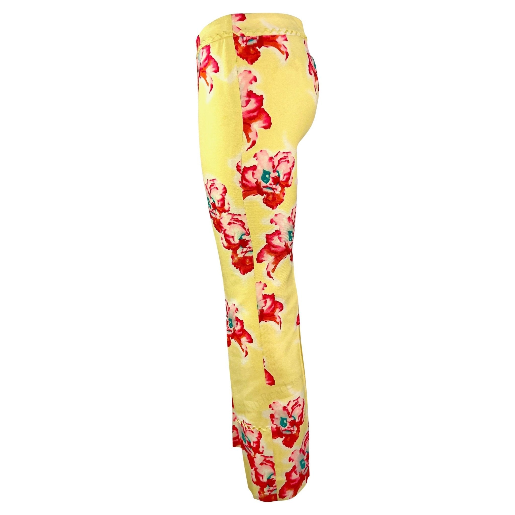 S/S 1999 Gianni Versace by Donatella Pink Yellow Orchid Print Silk Cropped Pants - RealList