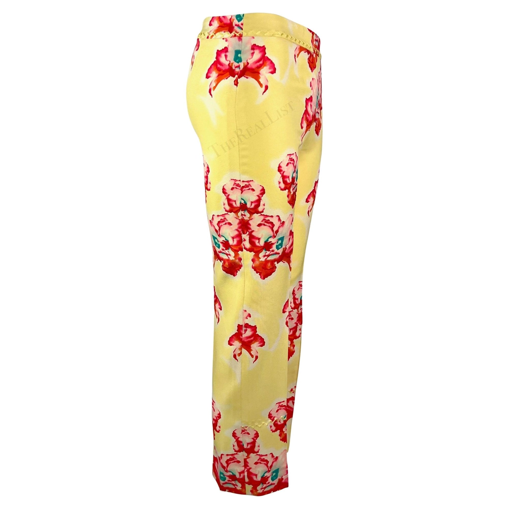 S/S 1999 Gianni Versace by Donatella Pink Yellow Orchid Print Silk Cropped Pants - RealList