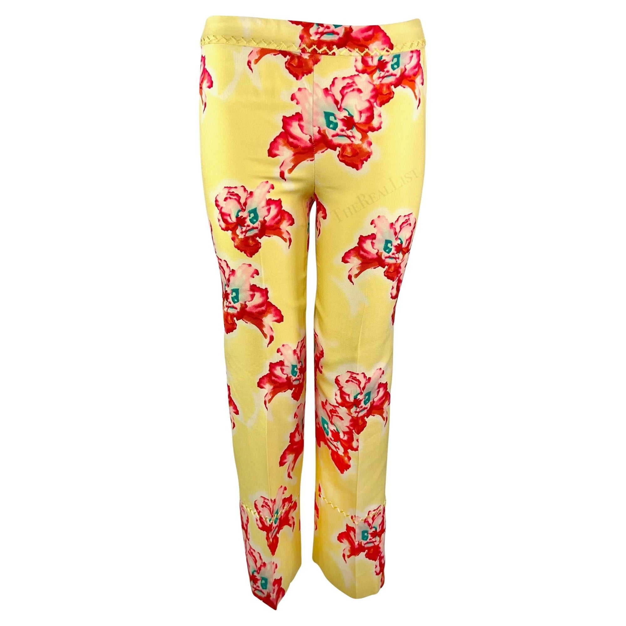 S/S 1999 Gianni Versace by Donatella Pink Yellow Orchid Print Silk Cropped Pants - RealList