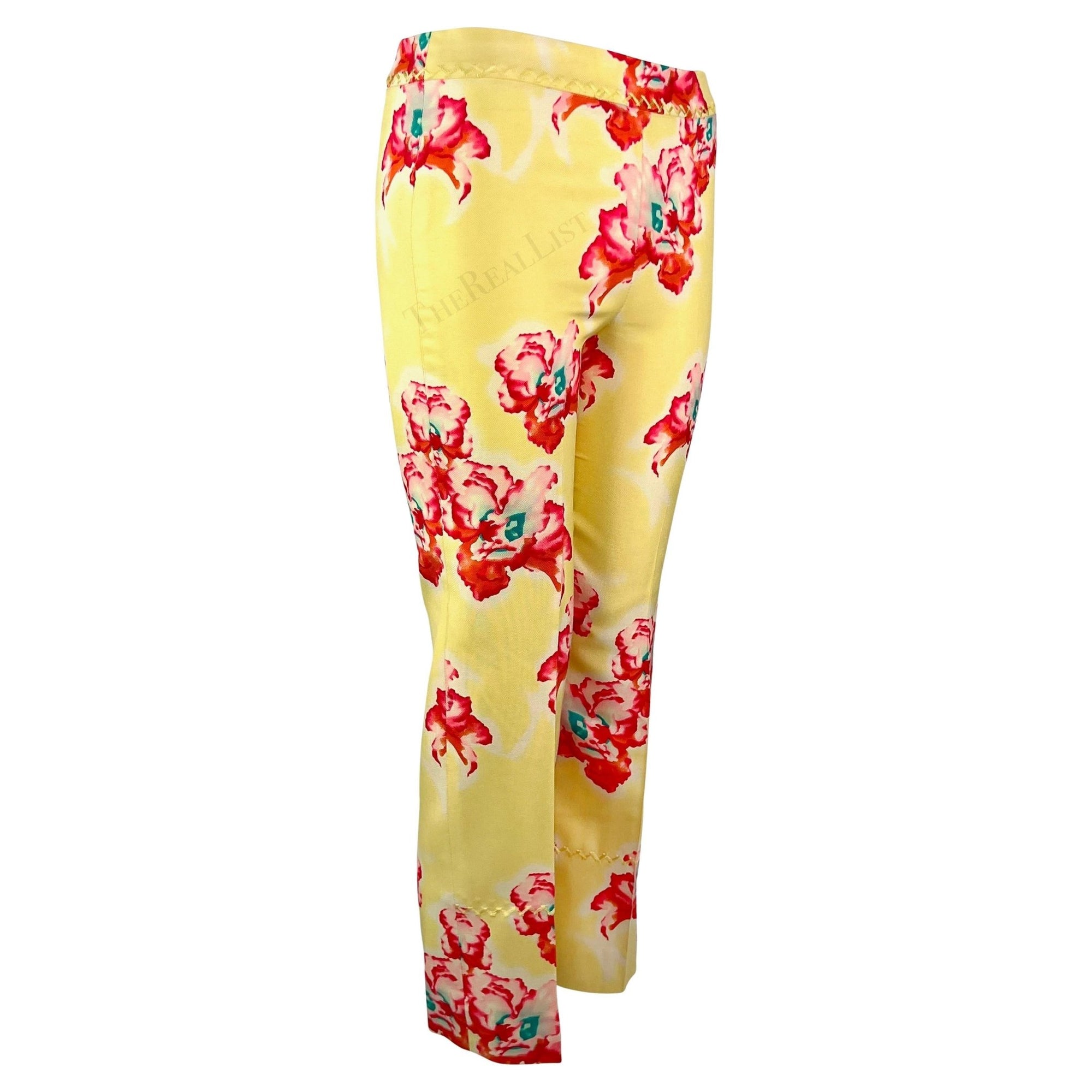 S/S 1999 Gianni Versace by Donatella Pink Yellow Orchid Print Silk Cropped Pants - RealList