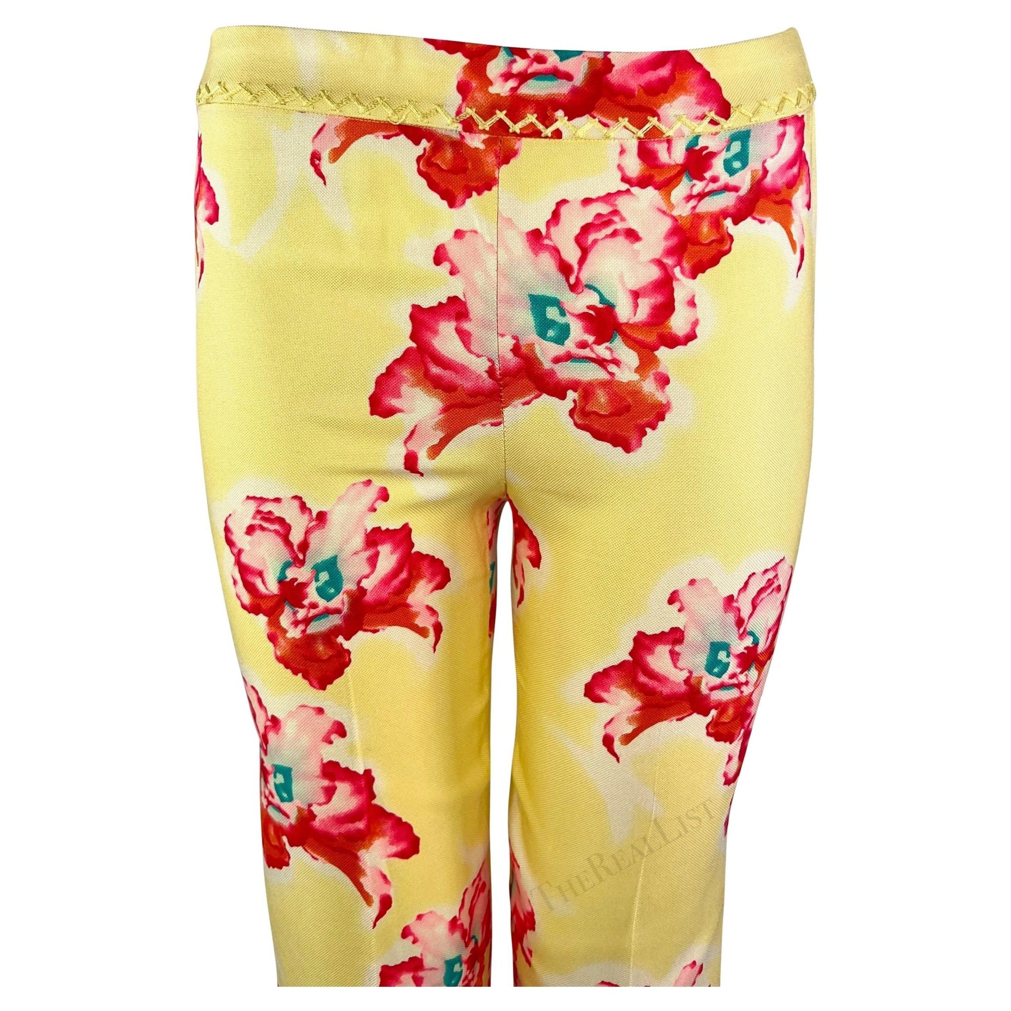 S/S 1999 Gianni Versace by Donatella Pink Yellow Orchid Print Silk Cropped Pants - RealList