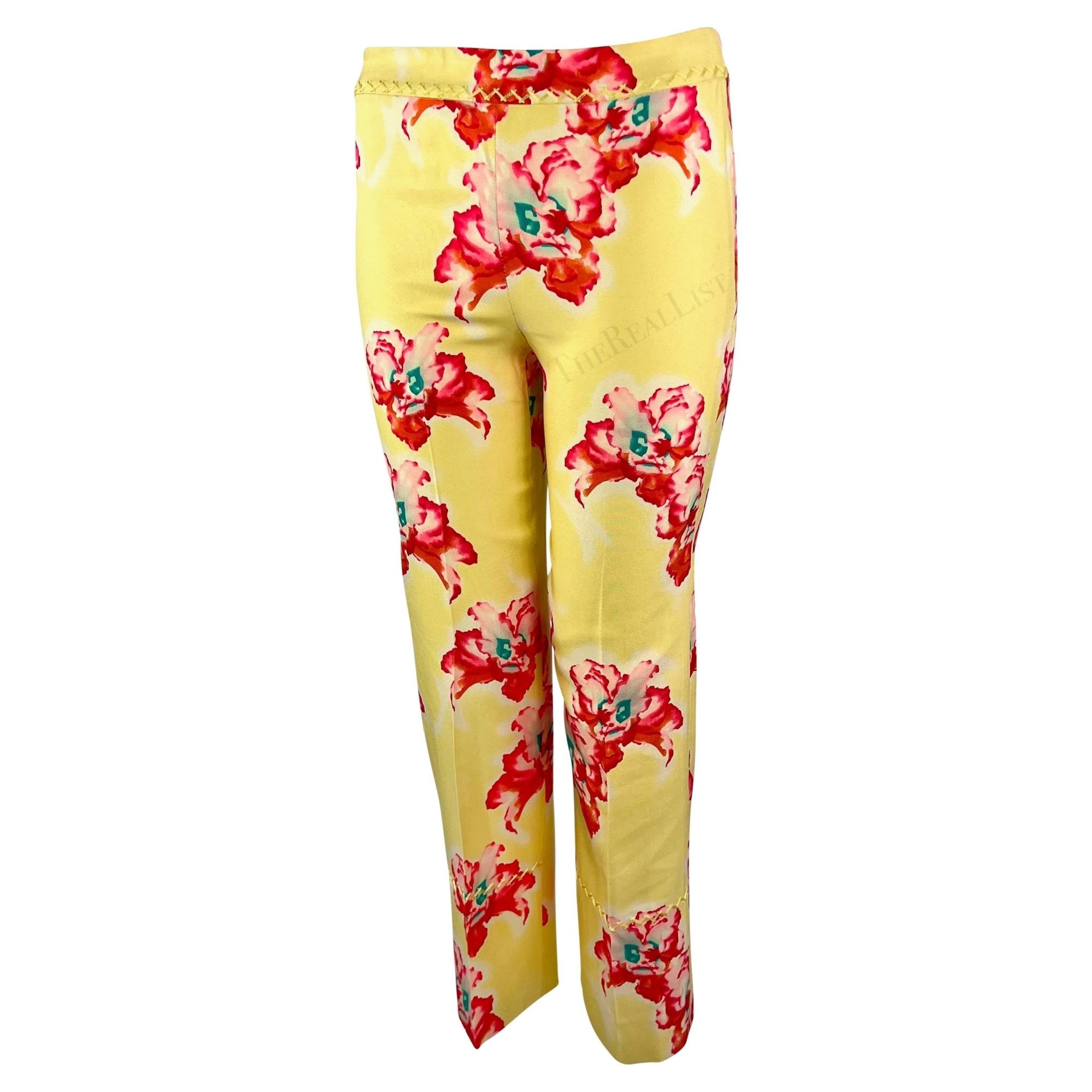 S/S 1999 Gianni Versace by Donatella Pink Yellow Orchid Print Silk Cropped Pants - RealList