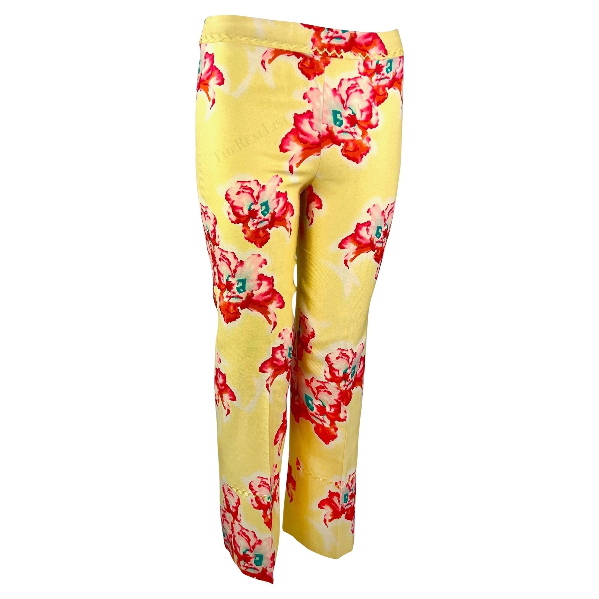 S/S 1999 Gianni Versace by Donatella Pink Yellow Orchid Print Silk Cropped Pants - RealList
