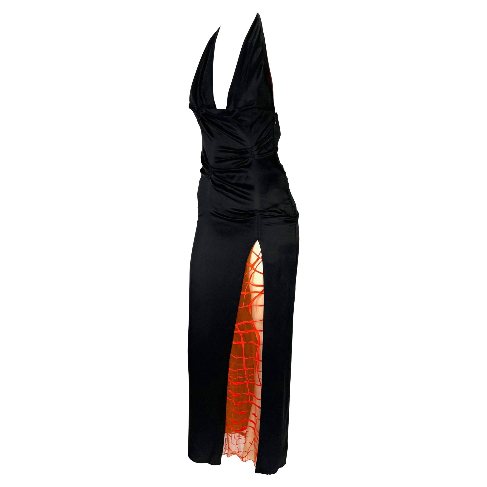 S/S 1999 Gianni Versace by Donatella Ruched Black High - Slit Coral Mesh Dress - RealList