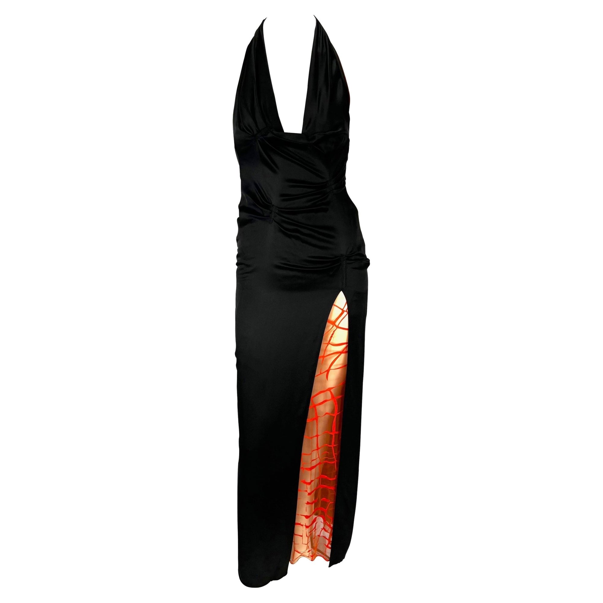 S/S 1999 Gianni Versace by Donatella Ruched Black High - Slit Coral Mesh Dress - RealList