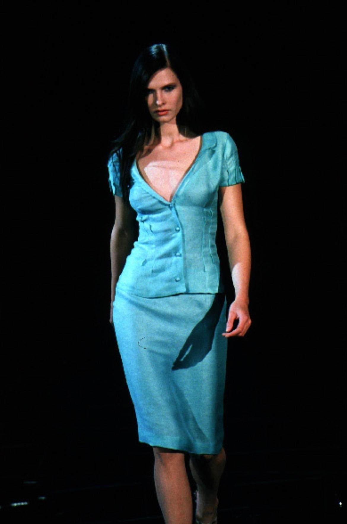 S/S 1999 Gianni Versace by Donatella Runway Ad Seafoam Green Linen Silk Suit - RealList