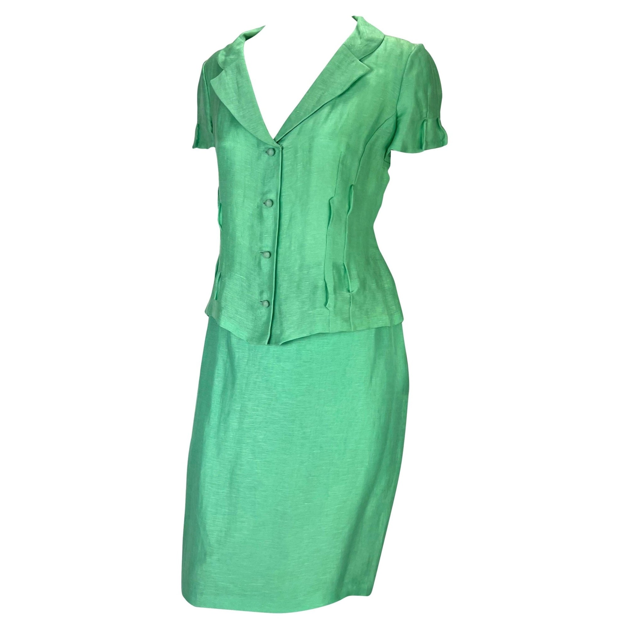 S/S 1999 Gianni Versace by Donatella Runway Ad Seafoam Green Linen Silk Suit - RealList