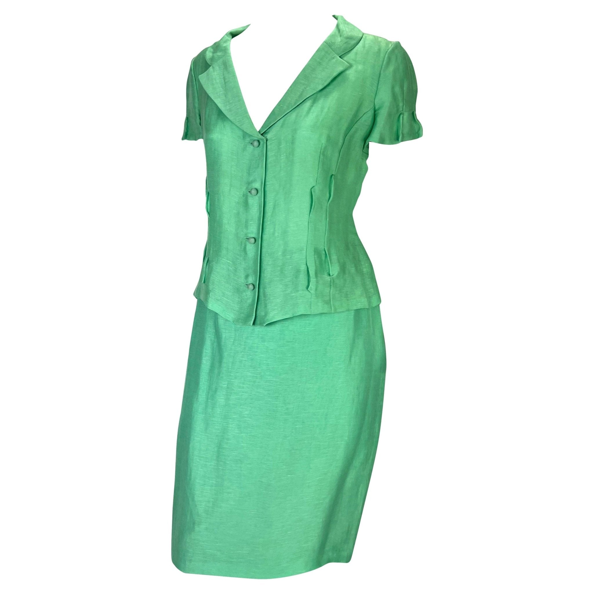 S/S 1999 Gianni Versace by Donatella Runway Ad Seafoam Green Linen Silk Suit - RealList