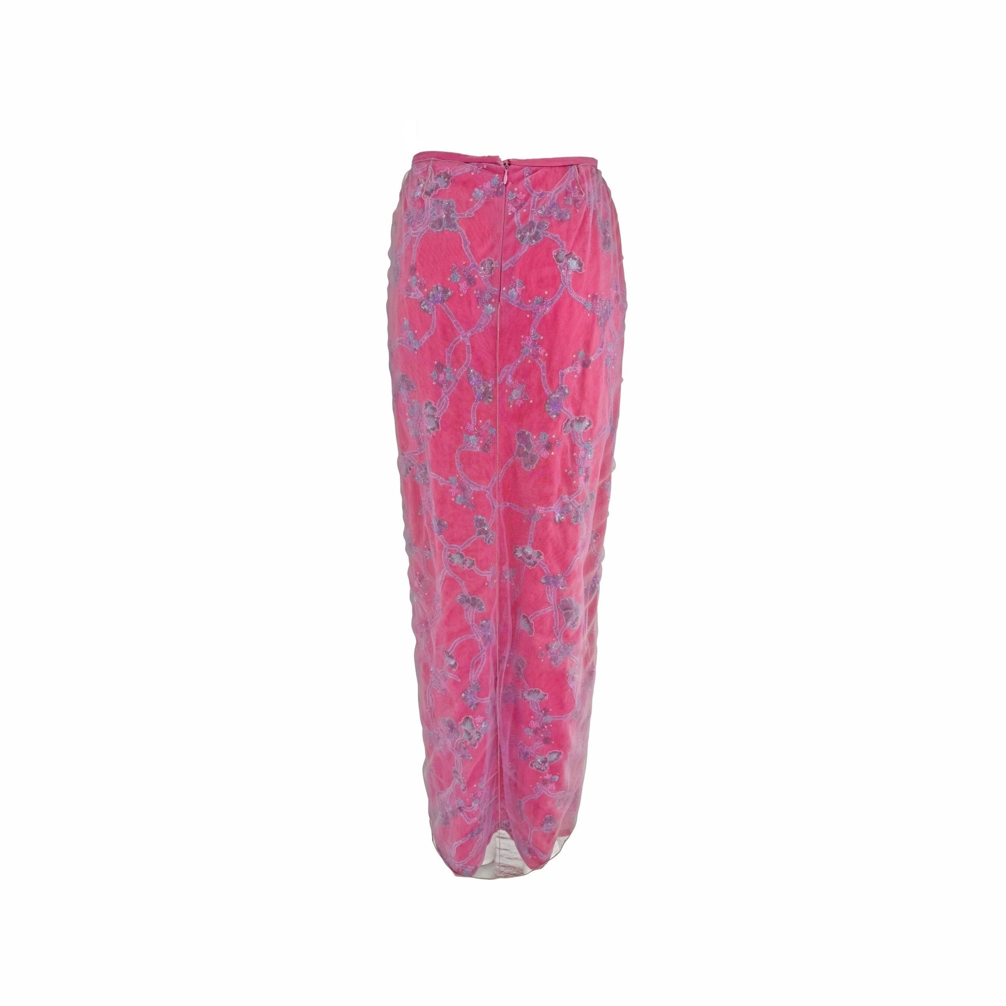 S/S 1999 Giorgio Armani Runway Pink Floral Beaded Tulle Overlay Maxi Skirt - RealList