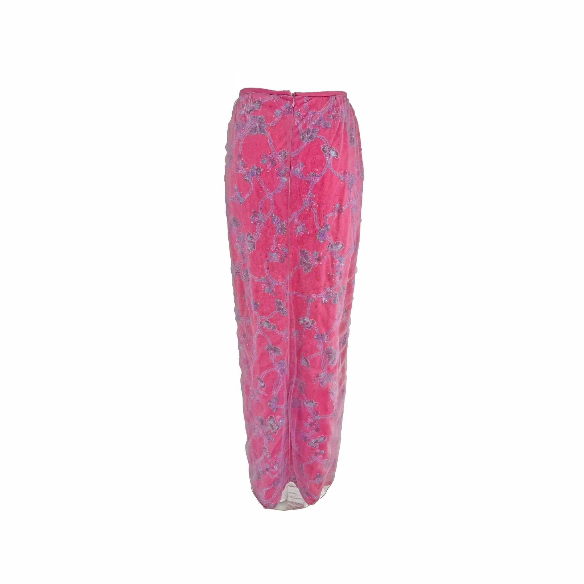 S/S 1999 Giorgio Armani Runway Pink Floral Beaded Tulle Overlay Maxi Skirt - RealList