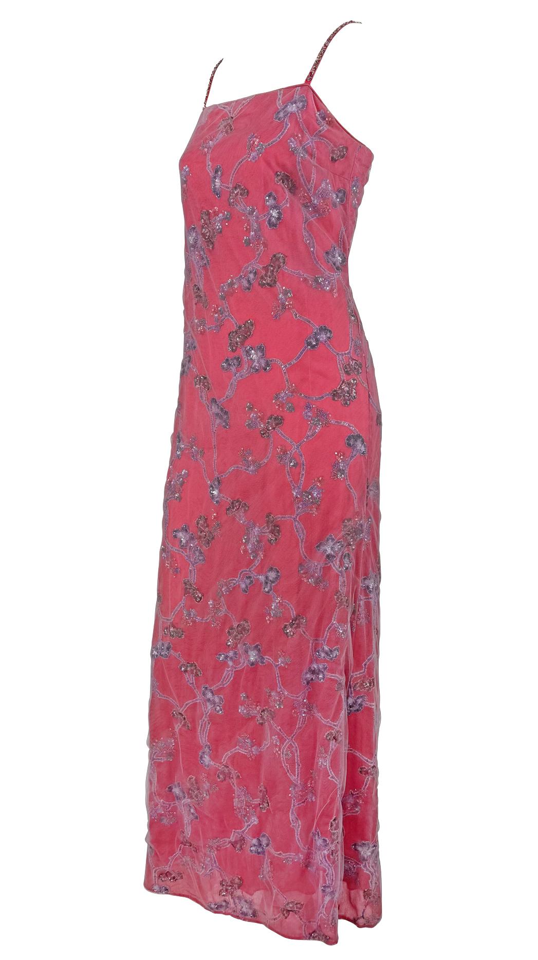 S/S 1999 Giorgio Armani Runway Pink Floral Sequin Embroidery Mesh Overlay Gown - RealList