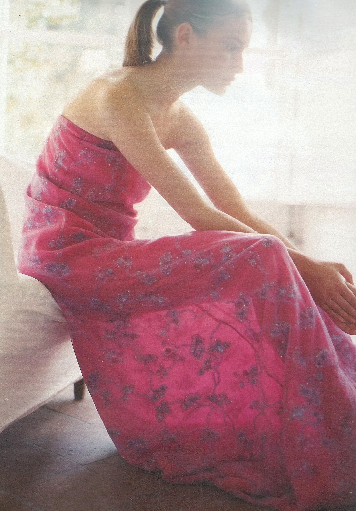 S/S 1999 Giorgio Armani Runway Pink Floral Sequin Embroidery Mesh Overlay Gown - RealList