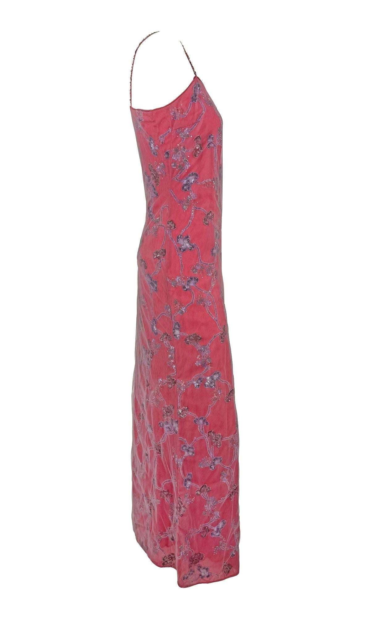S/S 1999 Giorgio Armani Runway Pink Floral Sequin Embroidery Mesh Overlay Gown - RealList