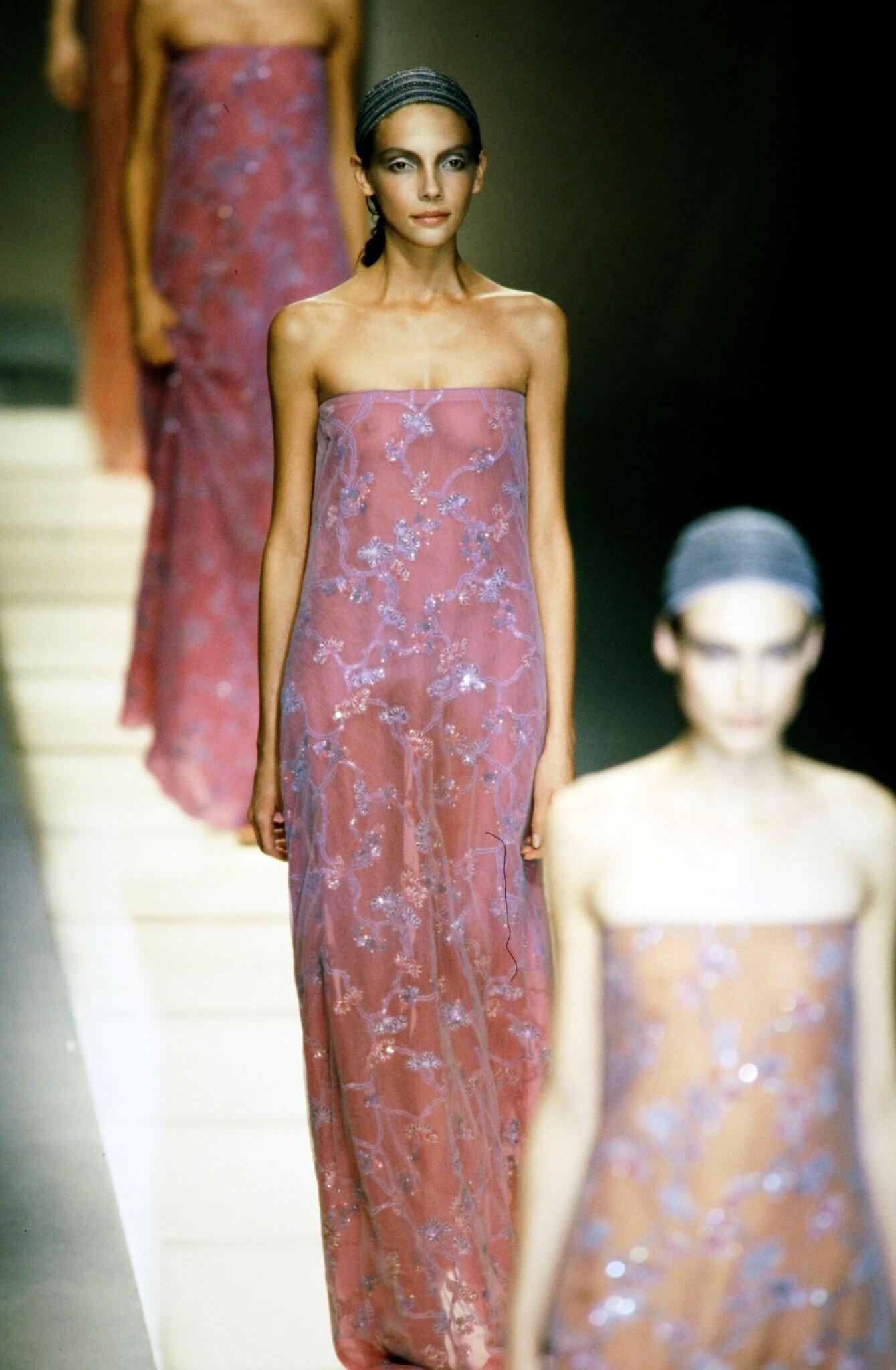 S/S 1999 Giorgio Armani Runway Pink Floral Sequin Embroidery Mesh Overlay Gown - RealList