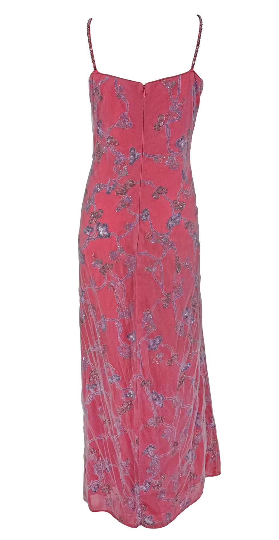 S/S 1999 Giorgio Armani Runway Pink Floral Sequin Embroidery Mesh Overlay Gown - RealList