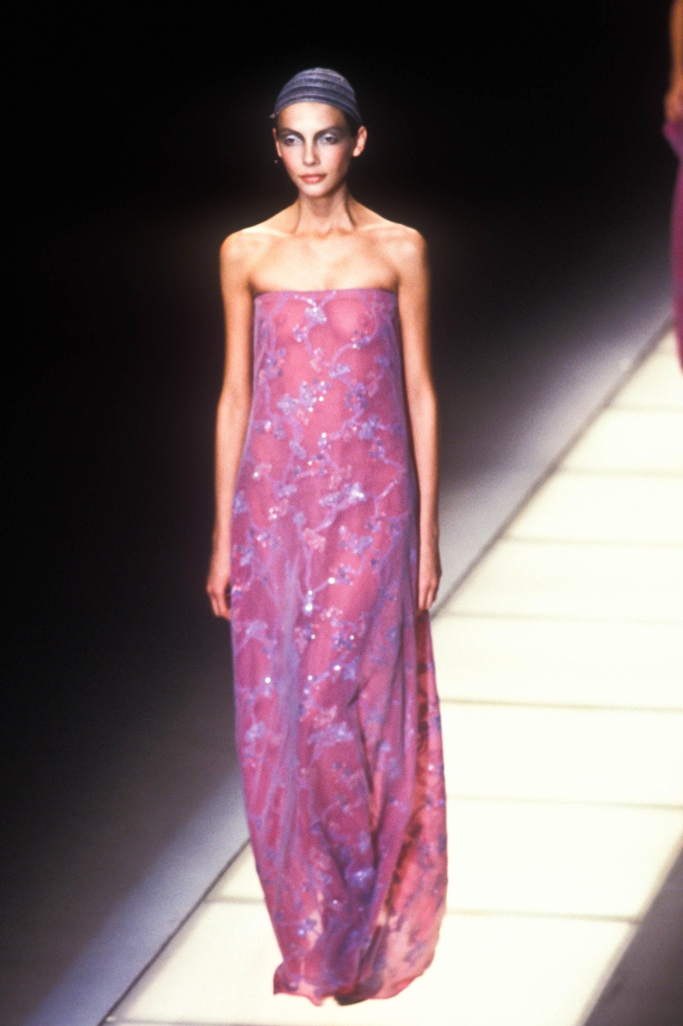 S/S 1999 Giorgio Armani Runway Pink Floral Sequin Embroidery Mesh Overlay Gown - RealList