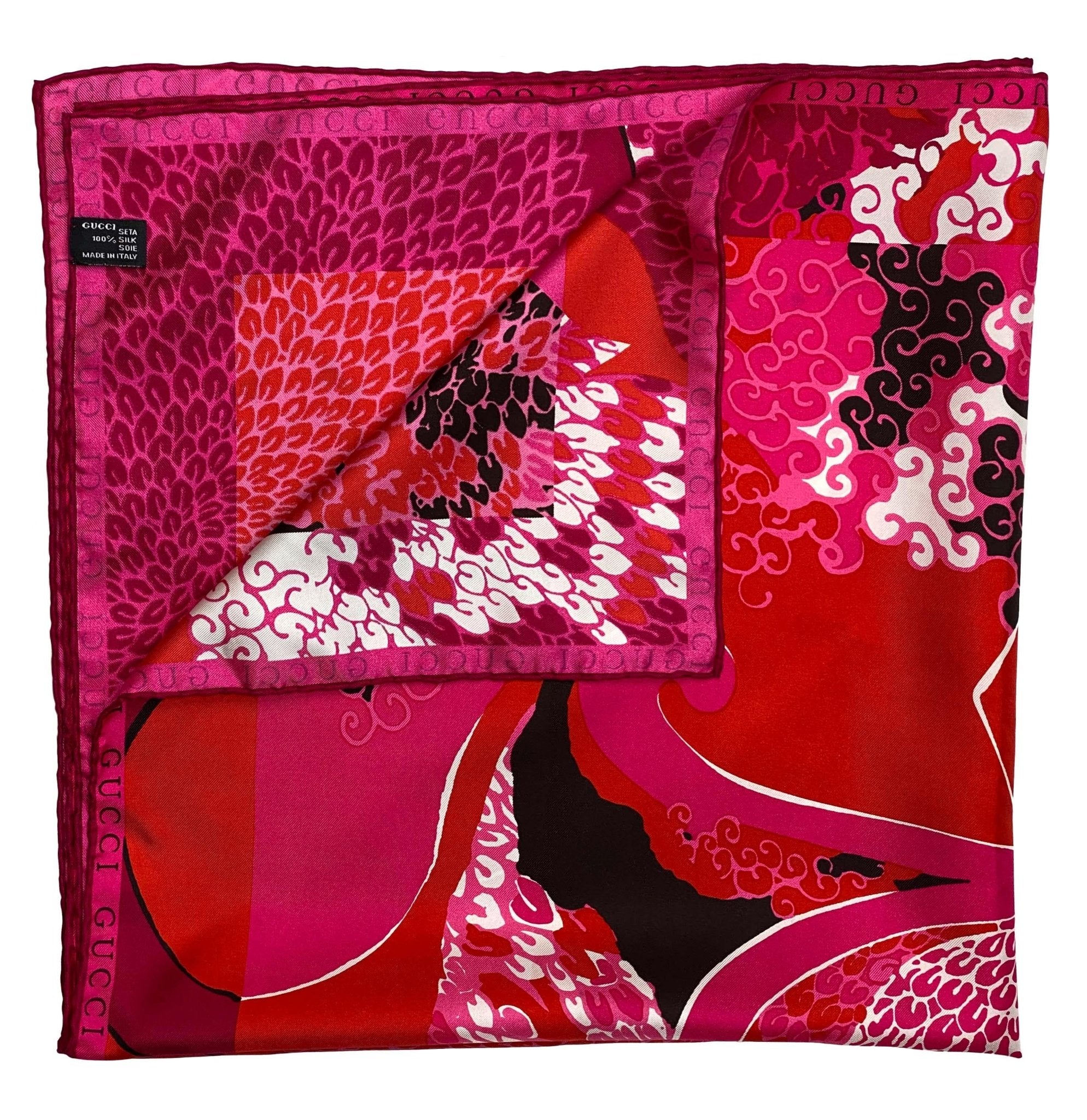 S/S 1999 Gucci by Tom Ford Acid Flower Pink Silk Logo Square Scarf - RealList