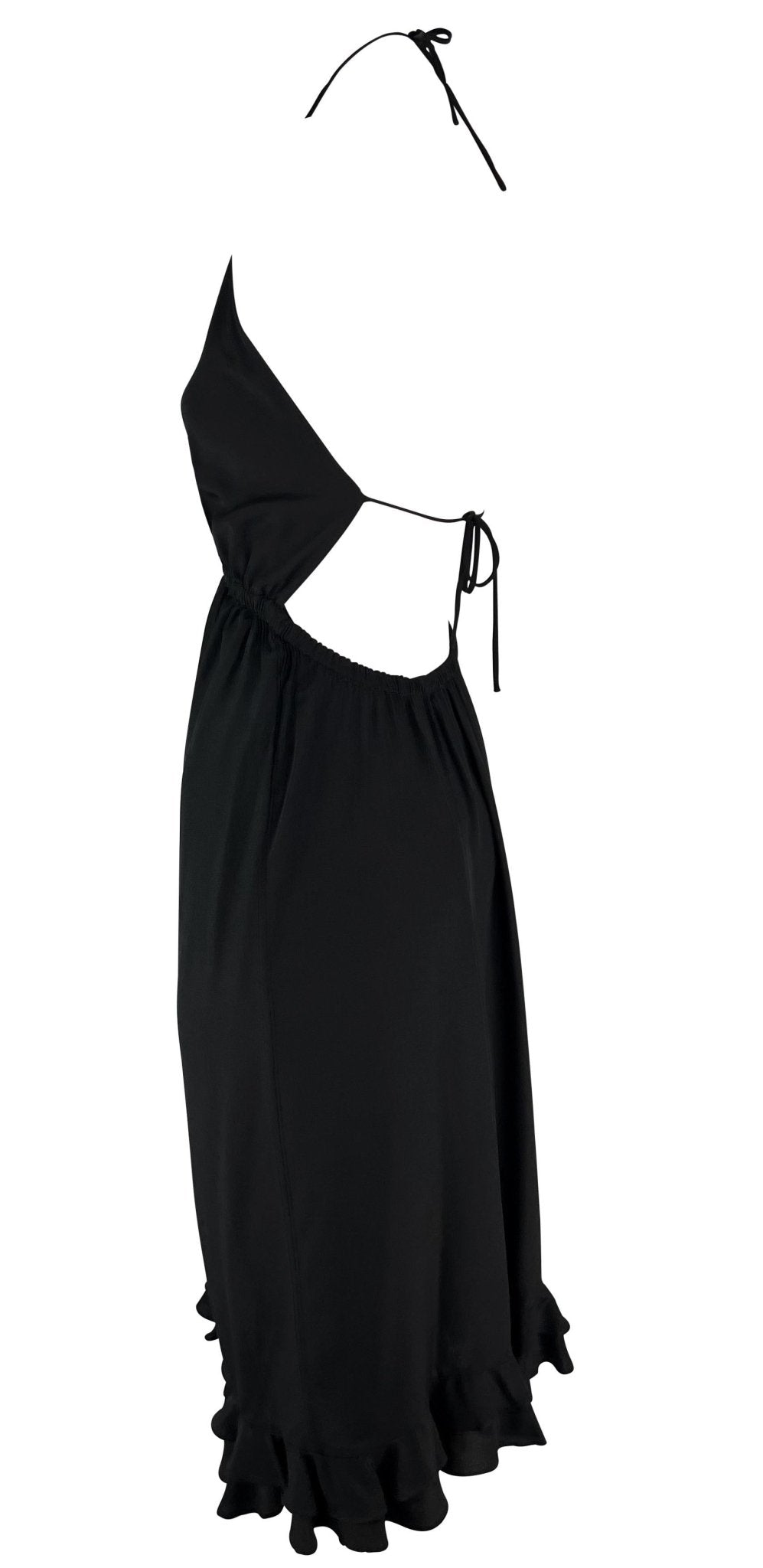 S/S 1999 Gucci by Tom Ford Backless Black Silk Plunging Tie Ruffle Cocktail Dress - RealList