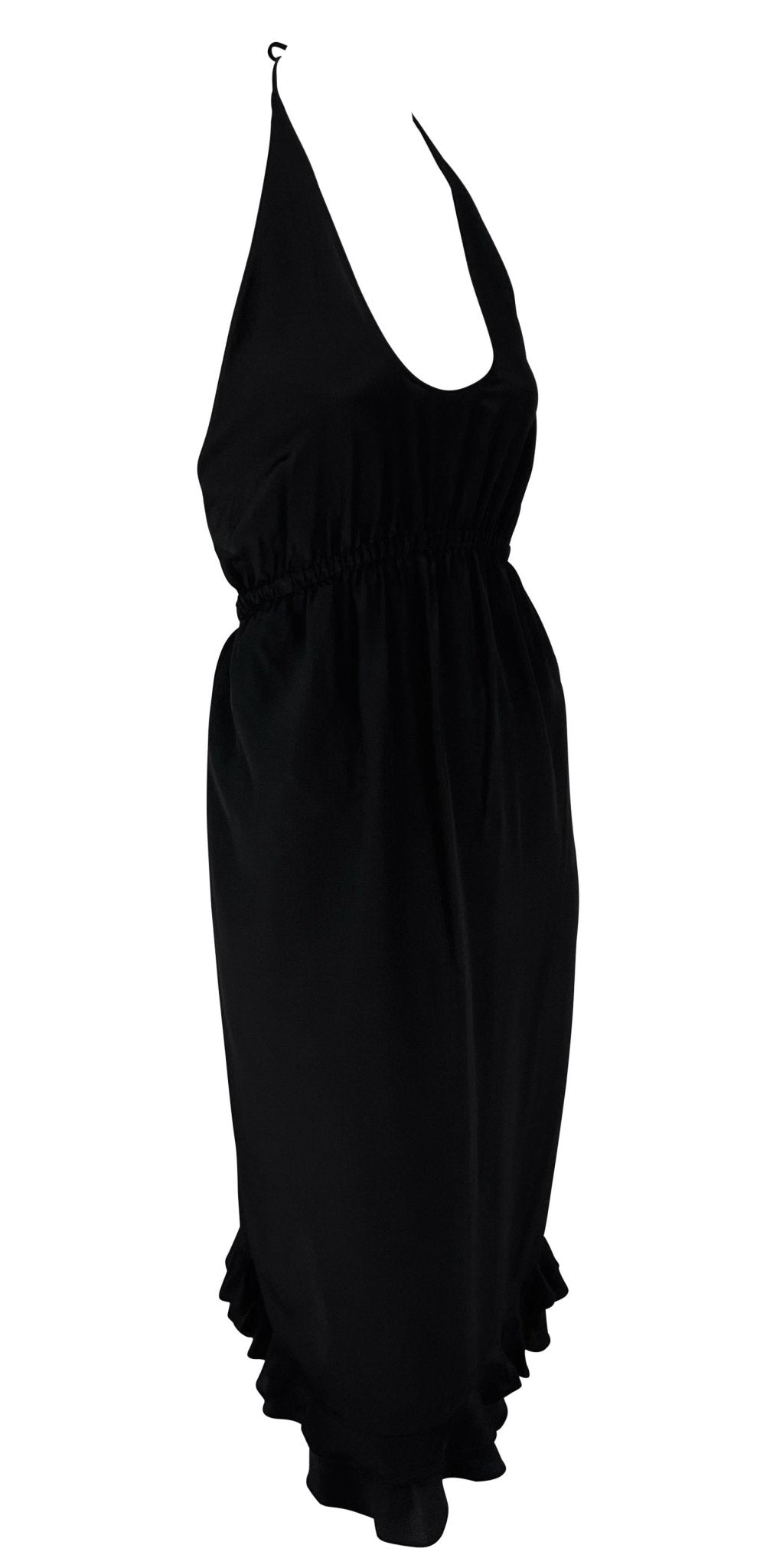 S/S 1999 Gucci by Tom Ford Backless Black Silk Plunging Tie Ruffle Cocktail Dress - RealList