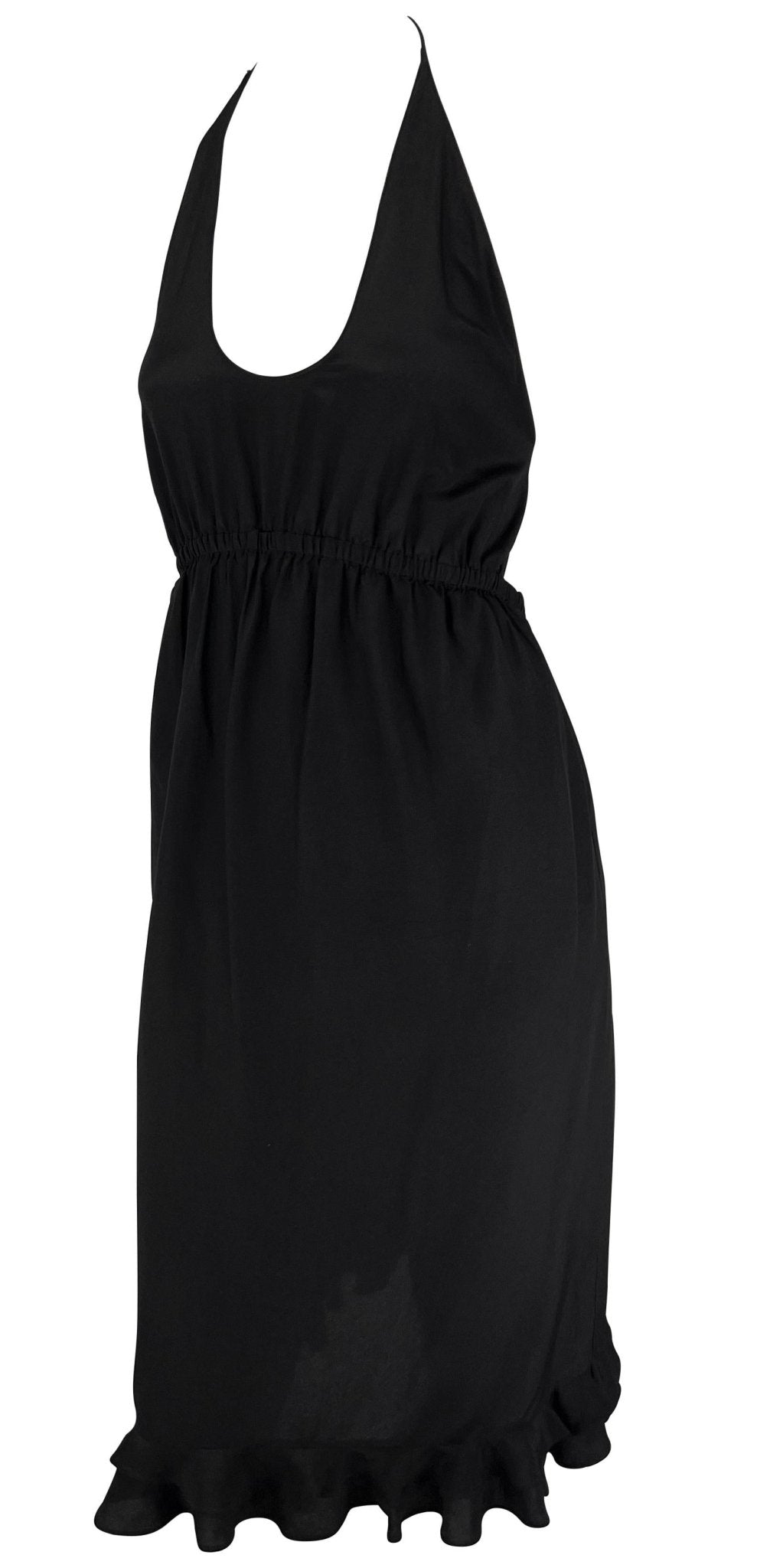 S/S 1999 Gucci by Tom Ford Backless Black Silk Plunging Tie Ruffle Cocktail Dress - RealList