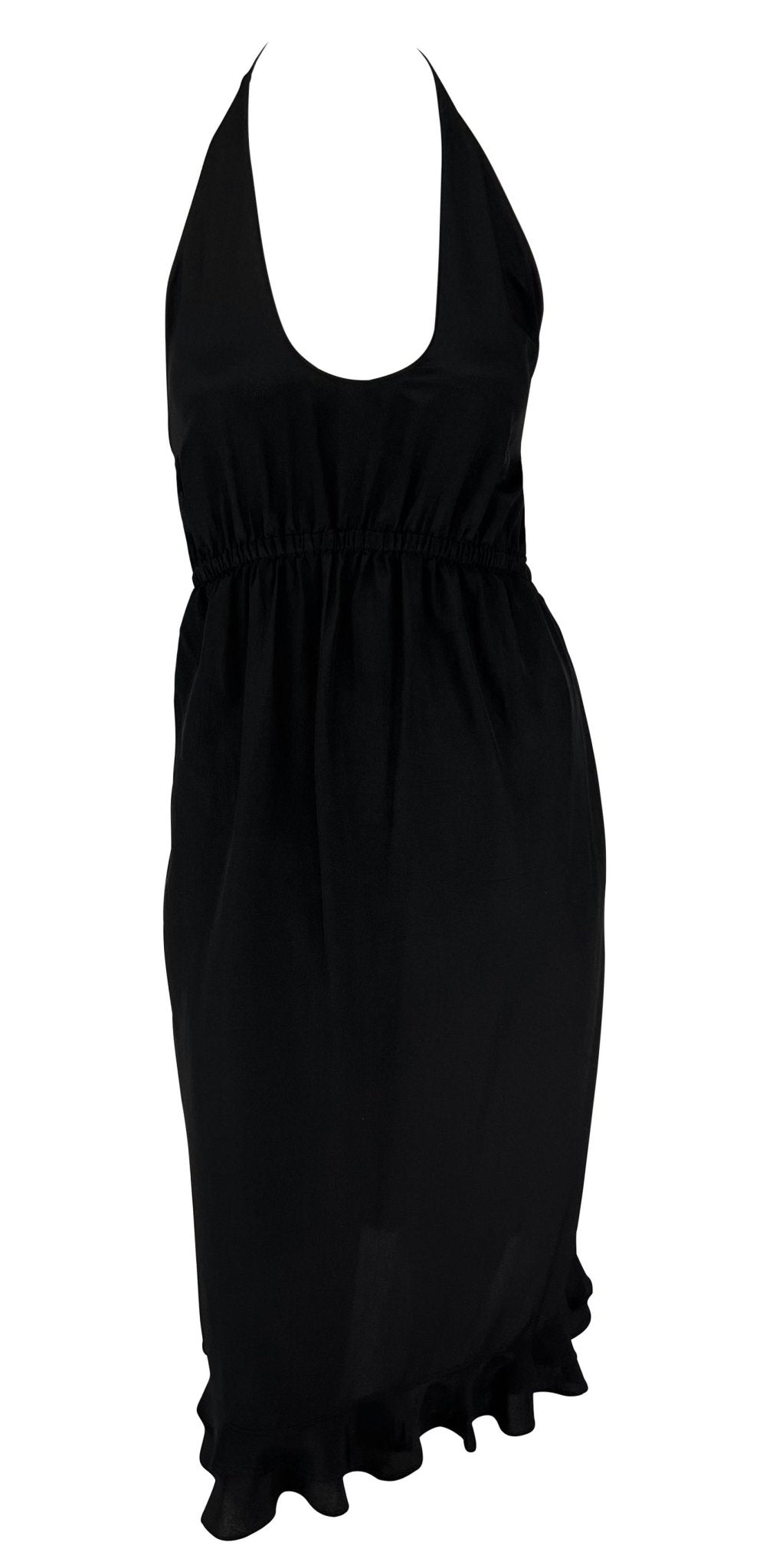 S/S 1999 Gucci by Tom Ford Backless Black Silk Plunging Tie Ruffle Cocktail Dress - RealList