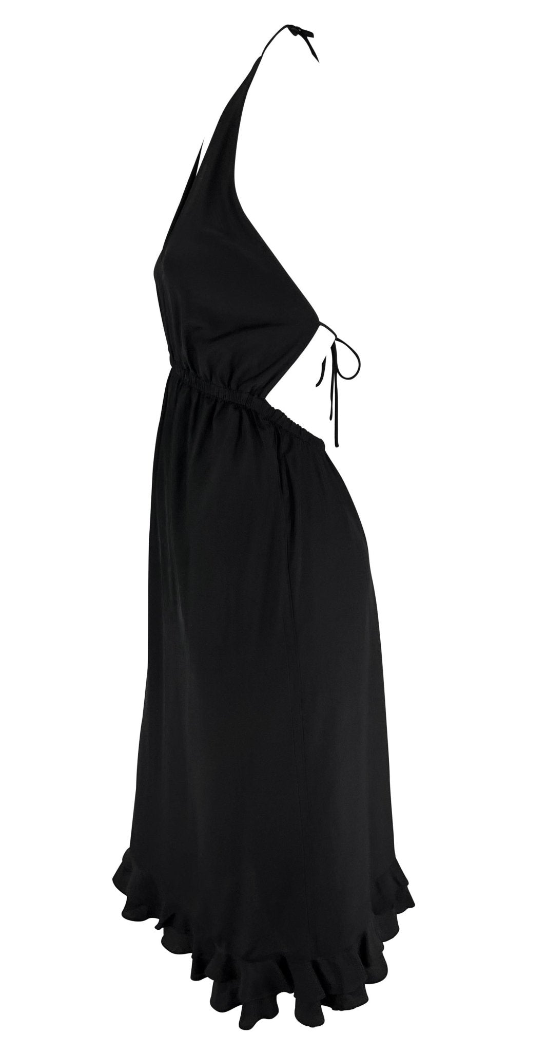 S/S 1999 Gucci by Tom Ford Backless Black Silk Plunging Tie Ruffle Cocktail Dress - RealList