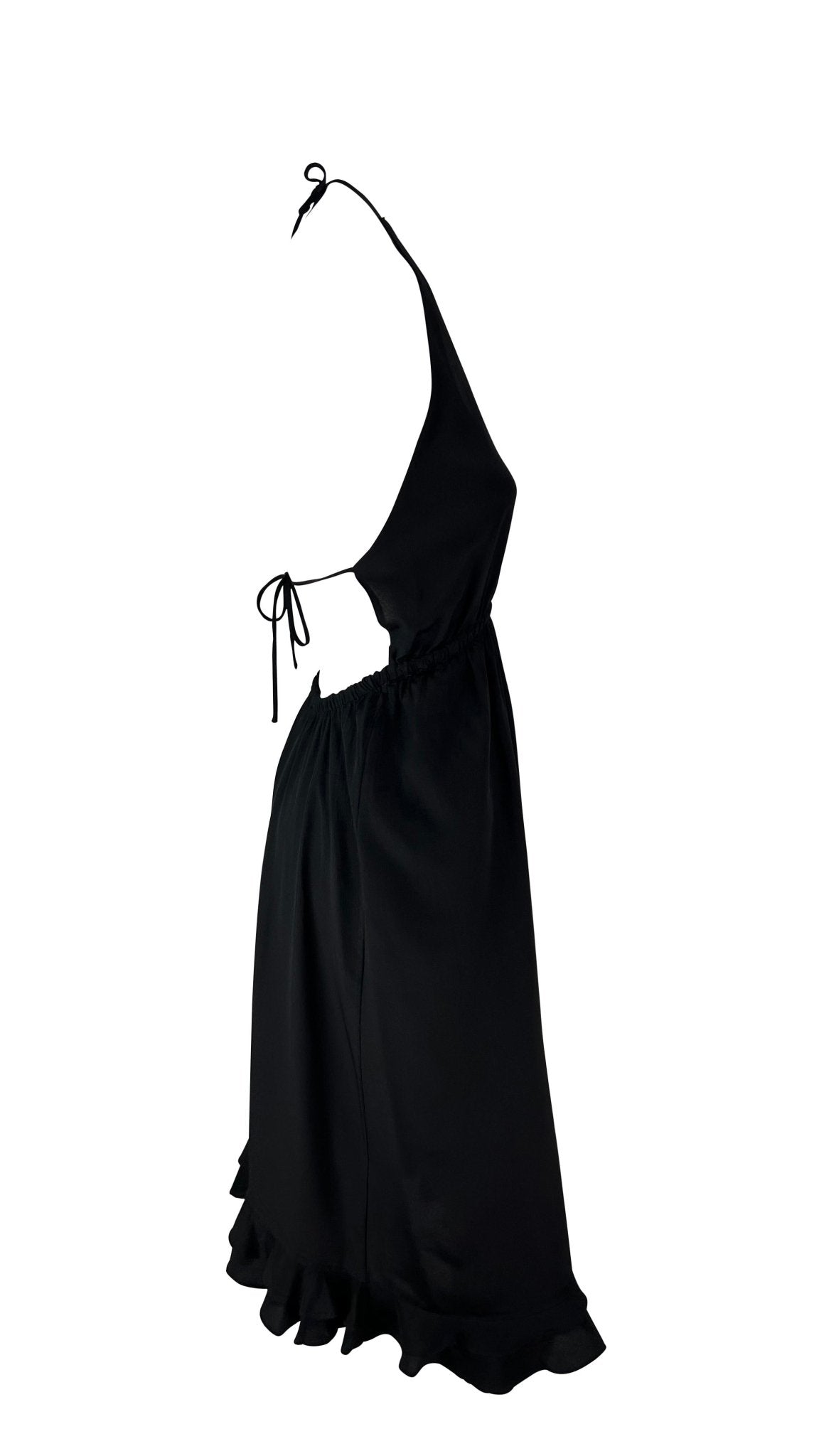 S/S 1999 Gucci by Tom Ford Backless Black Silk Plunging Tie Ruffle Cocktail Dress - RealList