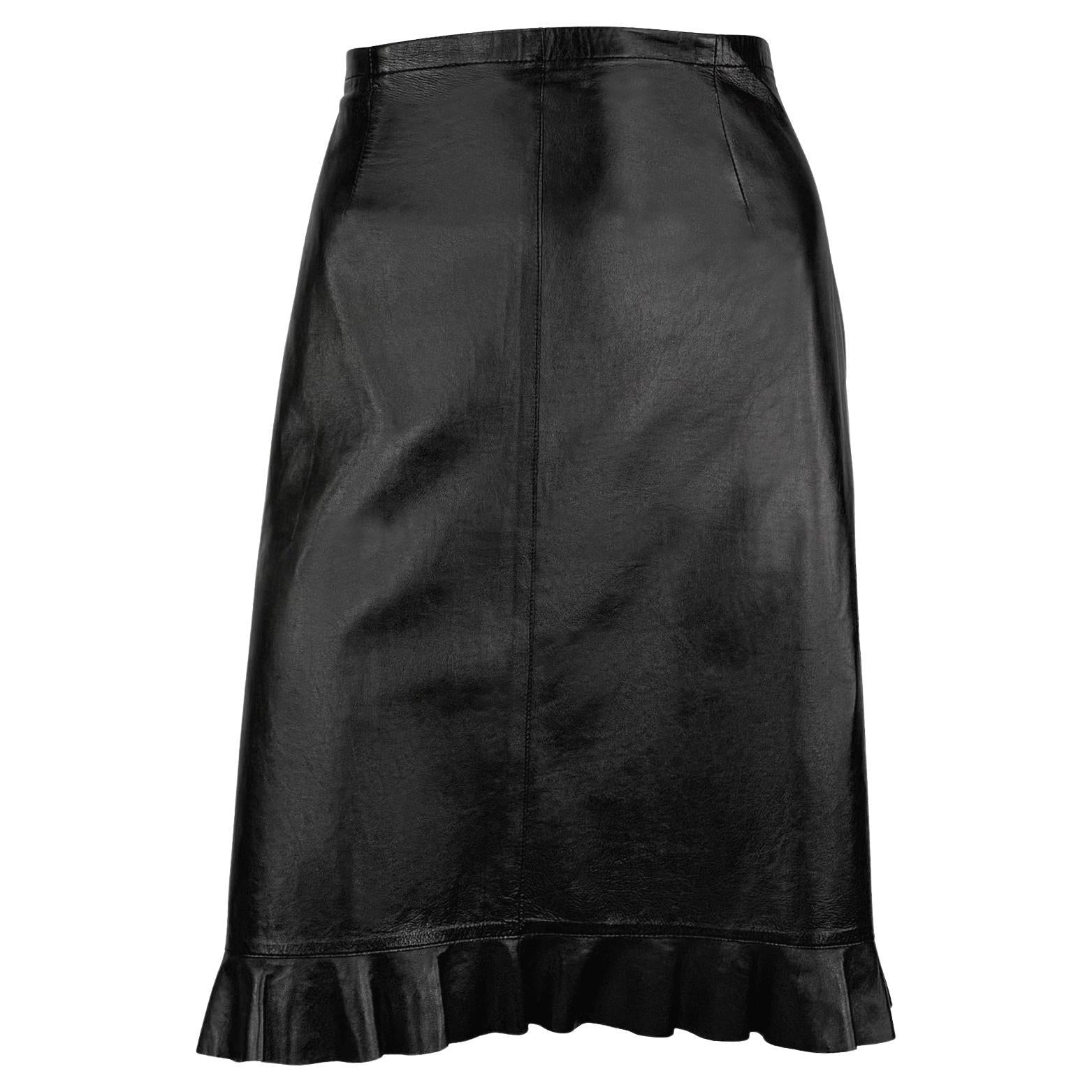 S/S 1999 Gucci by Tom Ford Black Leather Ruffle Trim Pencil Skirt - RealList