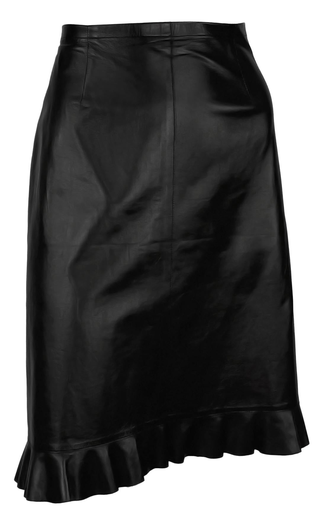 S/S 1999 Gucci by Tom Ford Black Leather Ruffle Trim Pencil Skirt - RealList