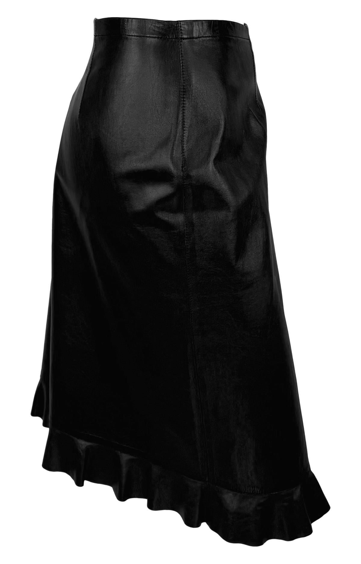 S/S 1999 Gucci by Tom Ford Black Leather Ruffle Trim Pencil Skirt - RealList