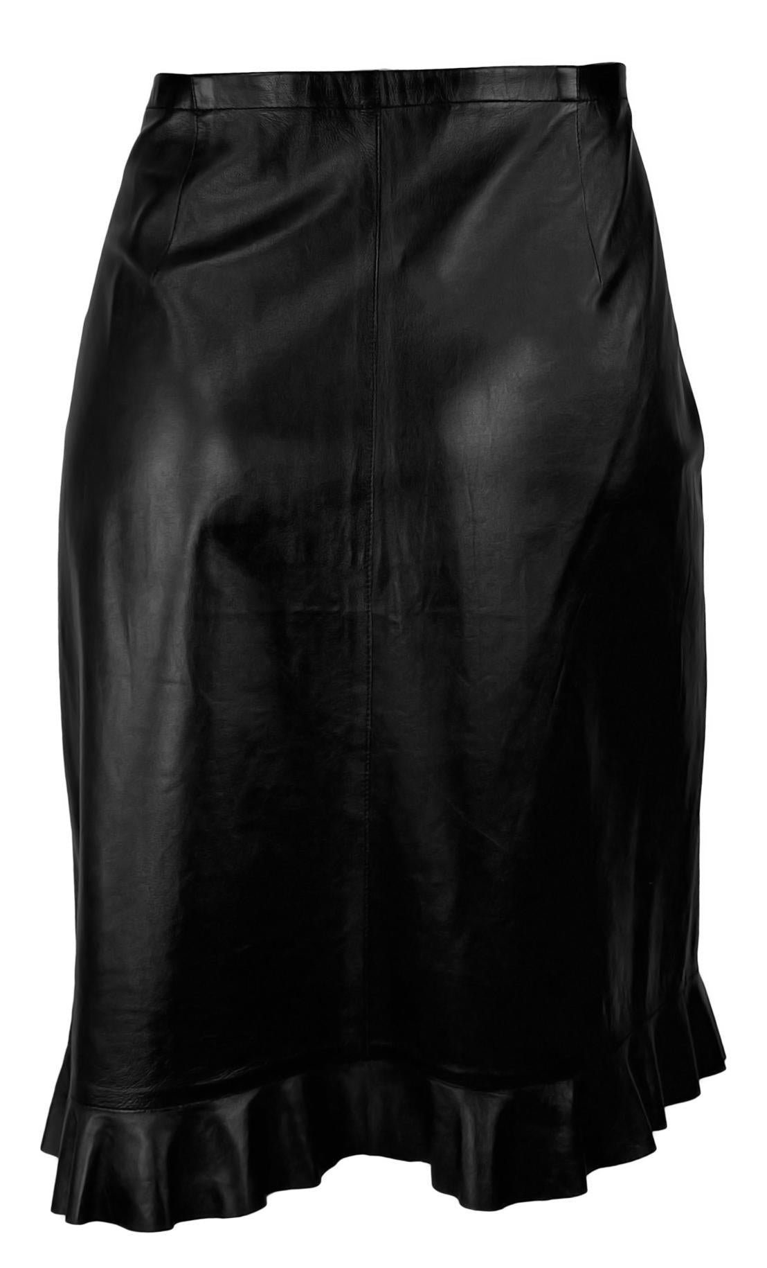 S/S 1999 Gucci by Tom Ford Black Leather Ruffle Trim Pencil Skirt - RealList