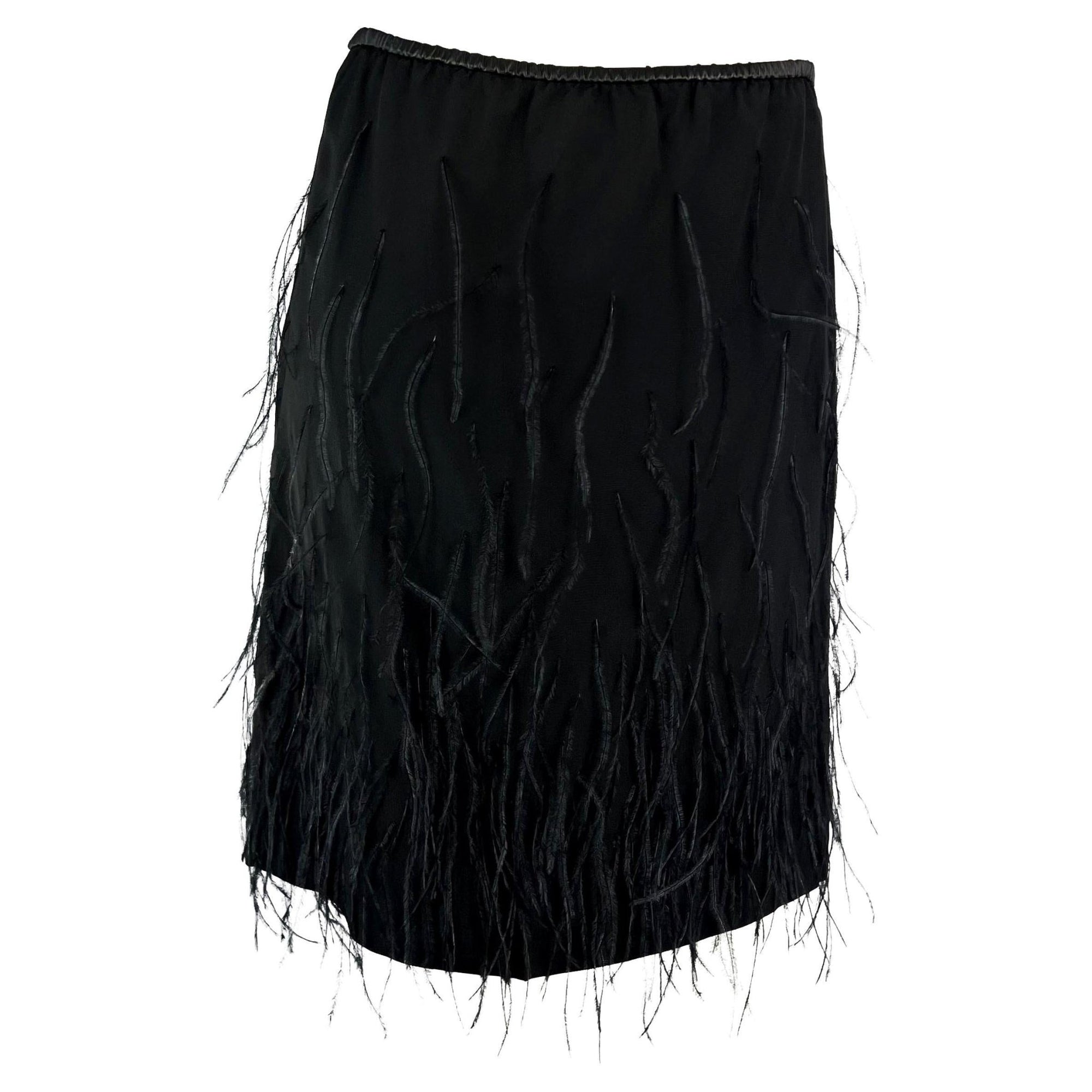 S/S 1999 Gucci by Tom Ford Black Silk Ostrich Feather Leather Band Skirt - RealList