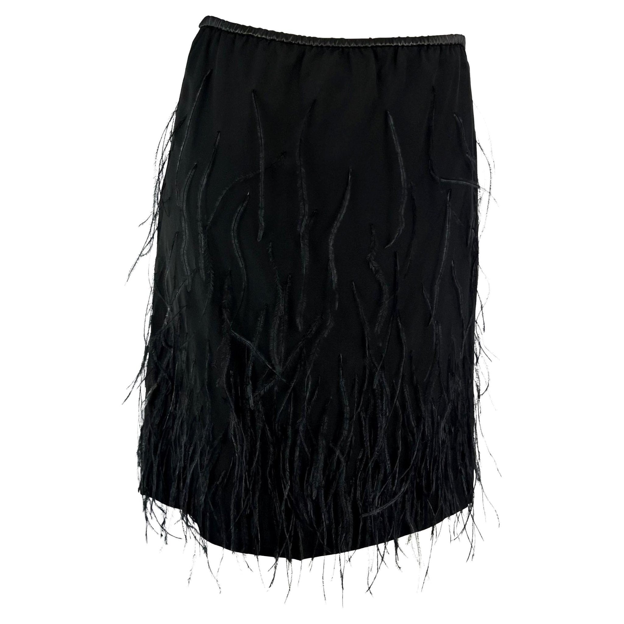 S/S 1999 Gucci by Tom Ford Black Silk Ostrich Feather Leather Band Skirt - RealList