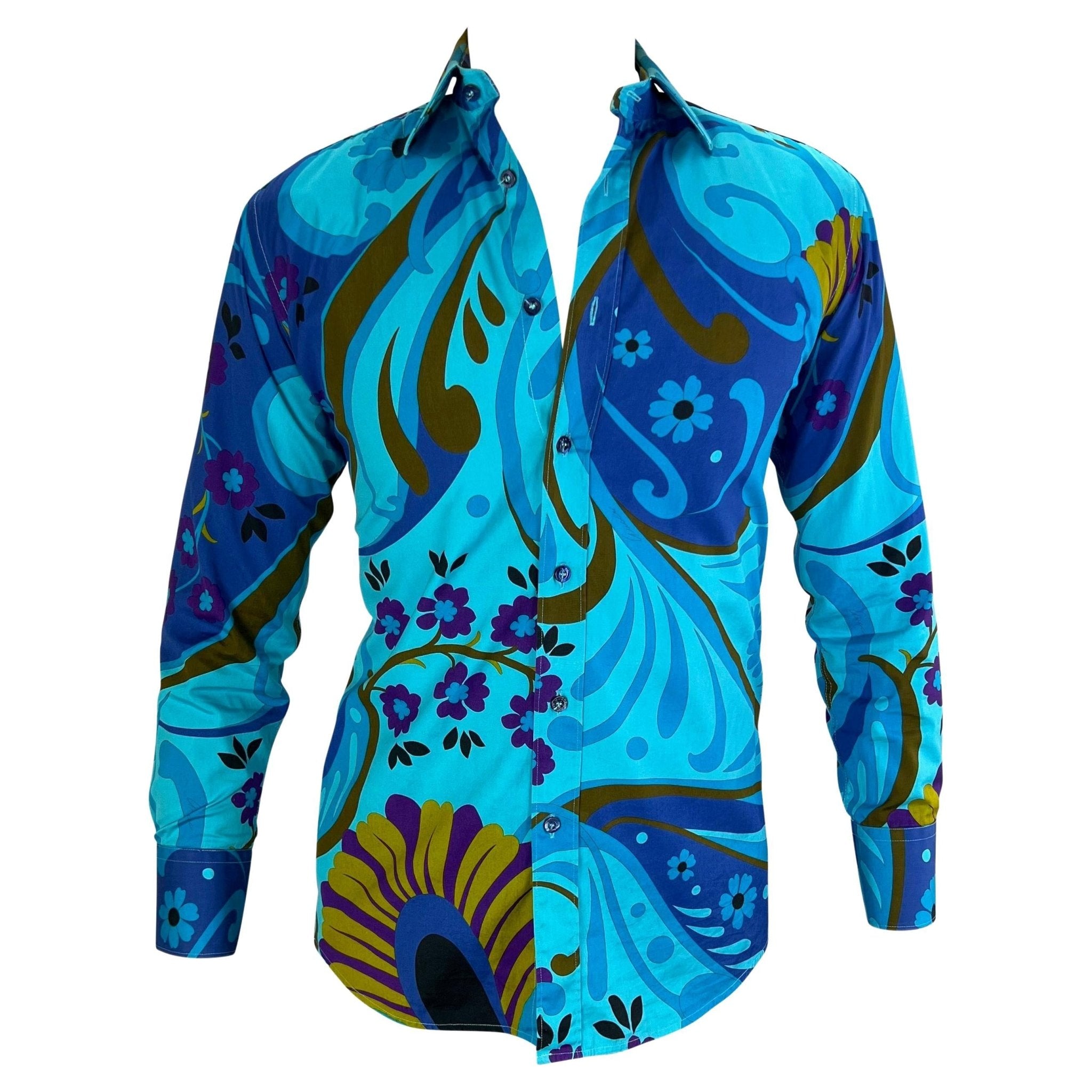 S/S 1999 Gucci by Tom Ford Blue Psychedelic Floral Button Up Men's Shirt - RealList