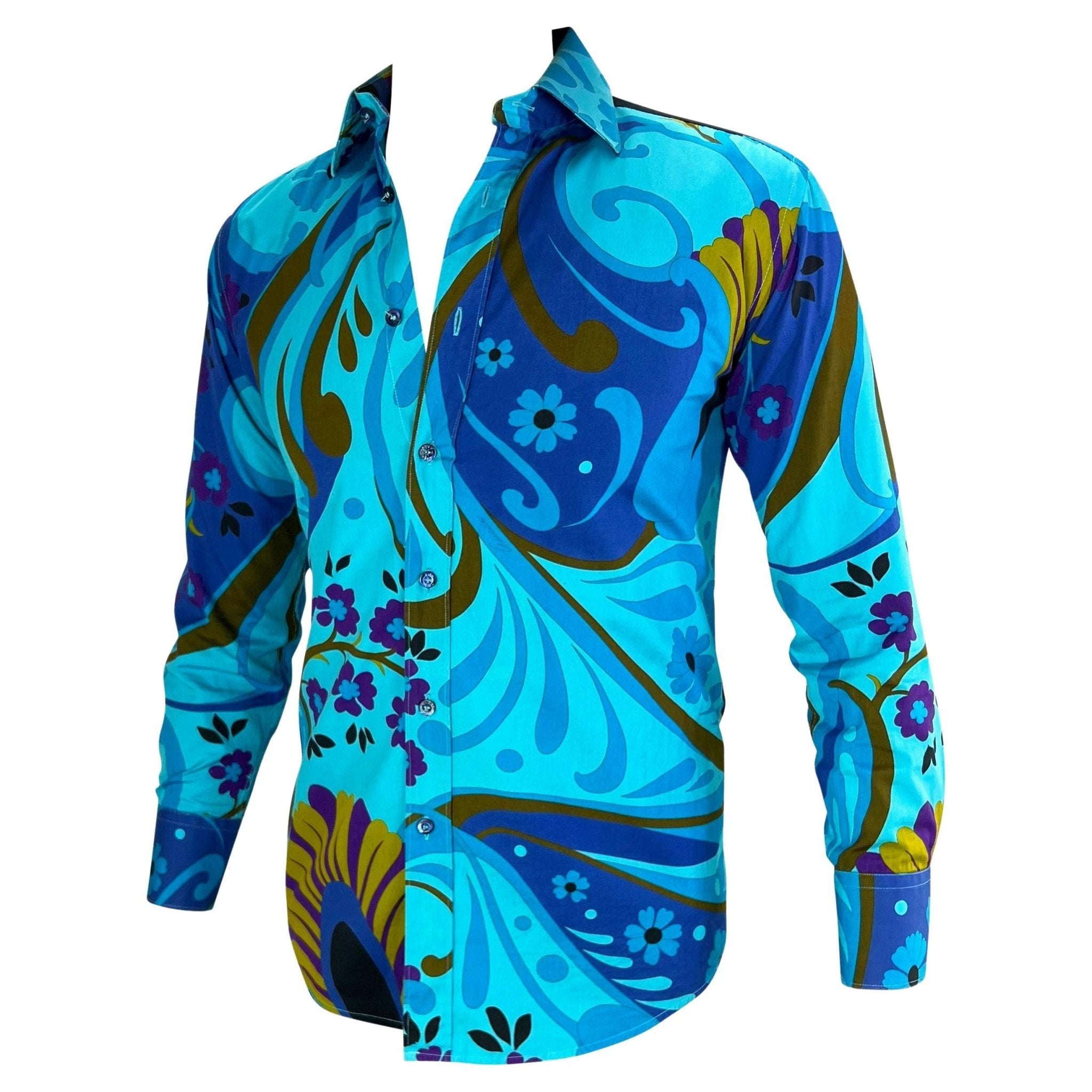 S/S 1999 Gucci by Tom Ford Blue Psychedelic Floral Button Up Men's Shirt - RealList