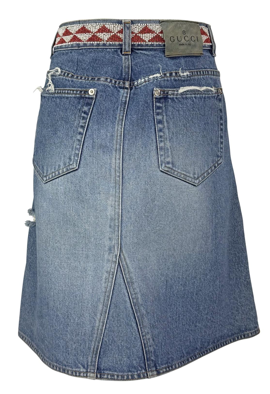 S/S 1999 Gucci by Tom Ford Distressed Denim Beaded Midi Skirt - RealList